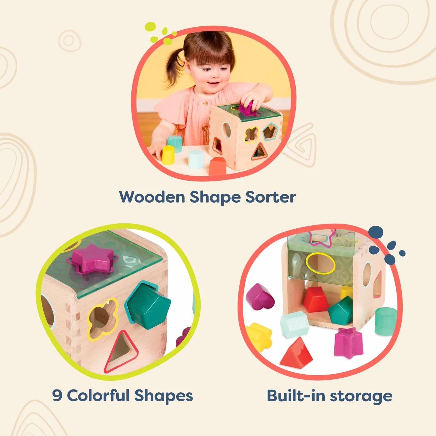B. Toys by Battat BX1763Z Wonder Sortowanie Zabawka - Drewniany sorter kształtów Kostka aktywności dla małych dzieci