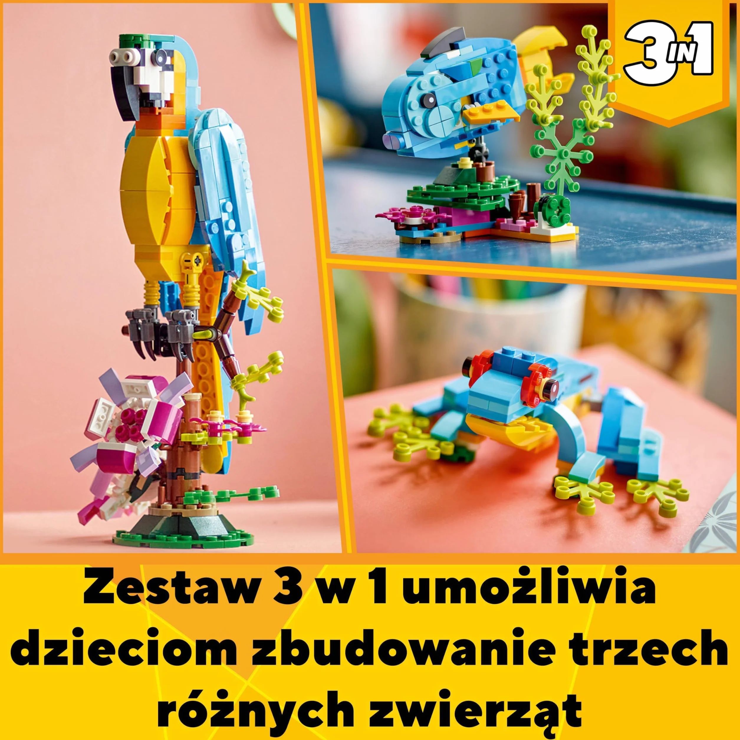 LEGO Creator 3 w 1 Egzotyczna papuga, Figurki Zwierząt z Klocków, Żaba i Ryba, Kreatywna Zabawka dla Dziecka do Budowania, Zestaw Edukacyjny, Prezent dla 7-latka, 31136