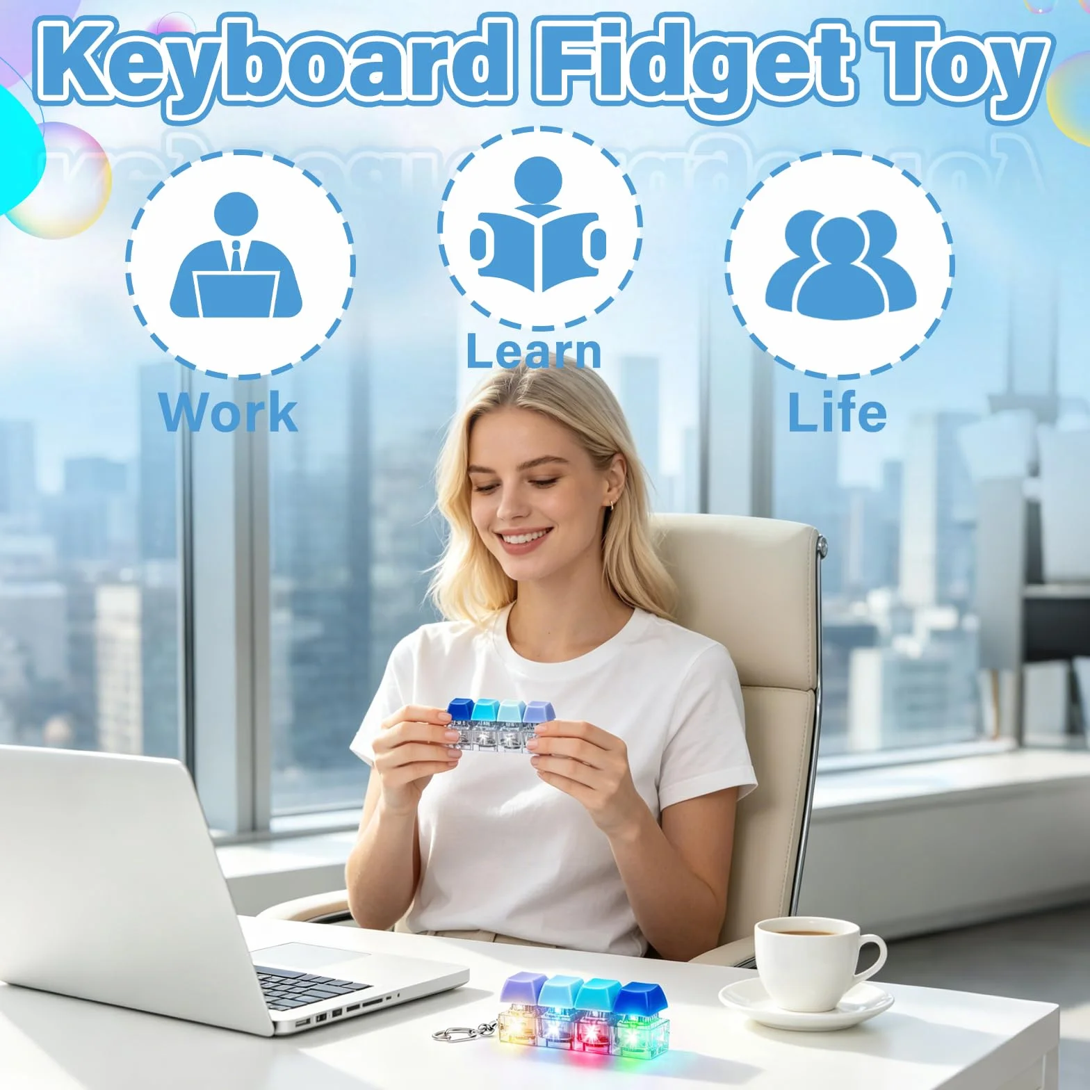 Zabawka Fidget Toys, 2 sztuki, zabawne, kolorowe zabawki fidget dla dorosłych ze światłem LED, klawiatura Fidget Keyboard, breloczek do kluczy, antystresowe, zabawka do strachu, biura, szkoły, podróży