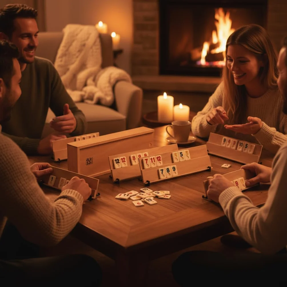 Rummy Holz gra – wysokiej jakości gra planszowa z litego drewna bukowego ze 106 wytrzymałymi płytkami