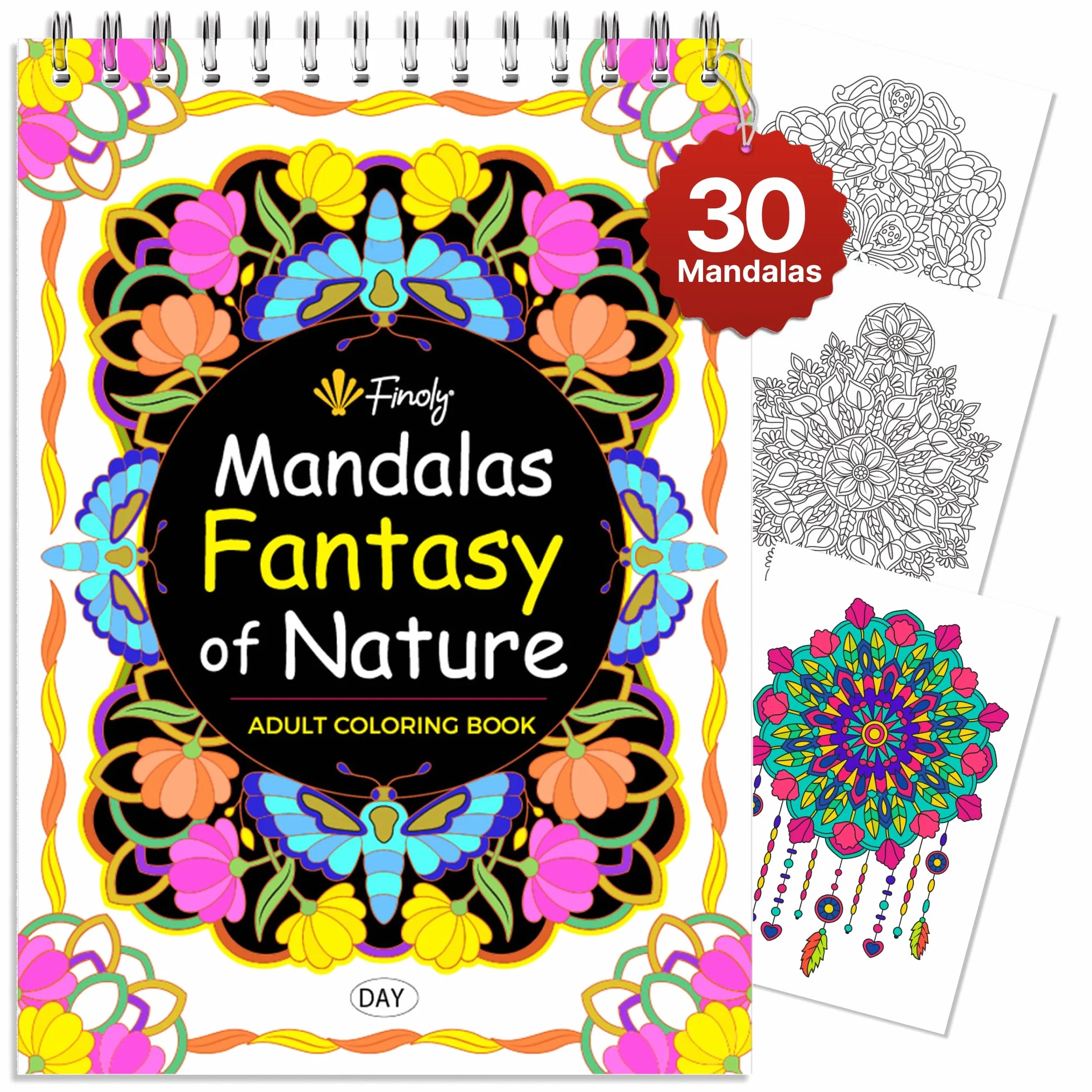 Finoly Mandala Kolorowanka dla Dorosłych z 30 Wzorami | Kolorowanka Mandala | Mandala Dotting Kolorowanka | Mandala Kolorowanka dla Dorosłych | A4 | Papier Premium | Spiralne Wiązanie | Dzień