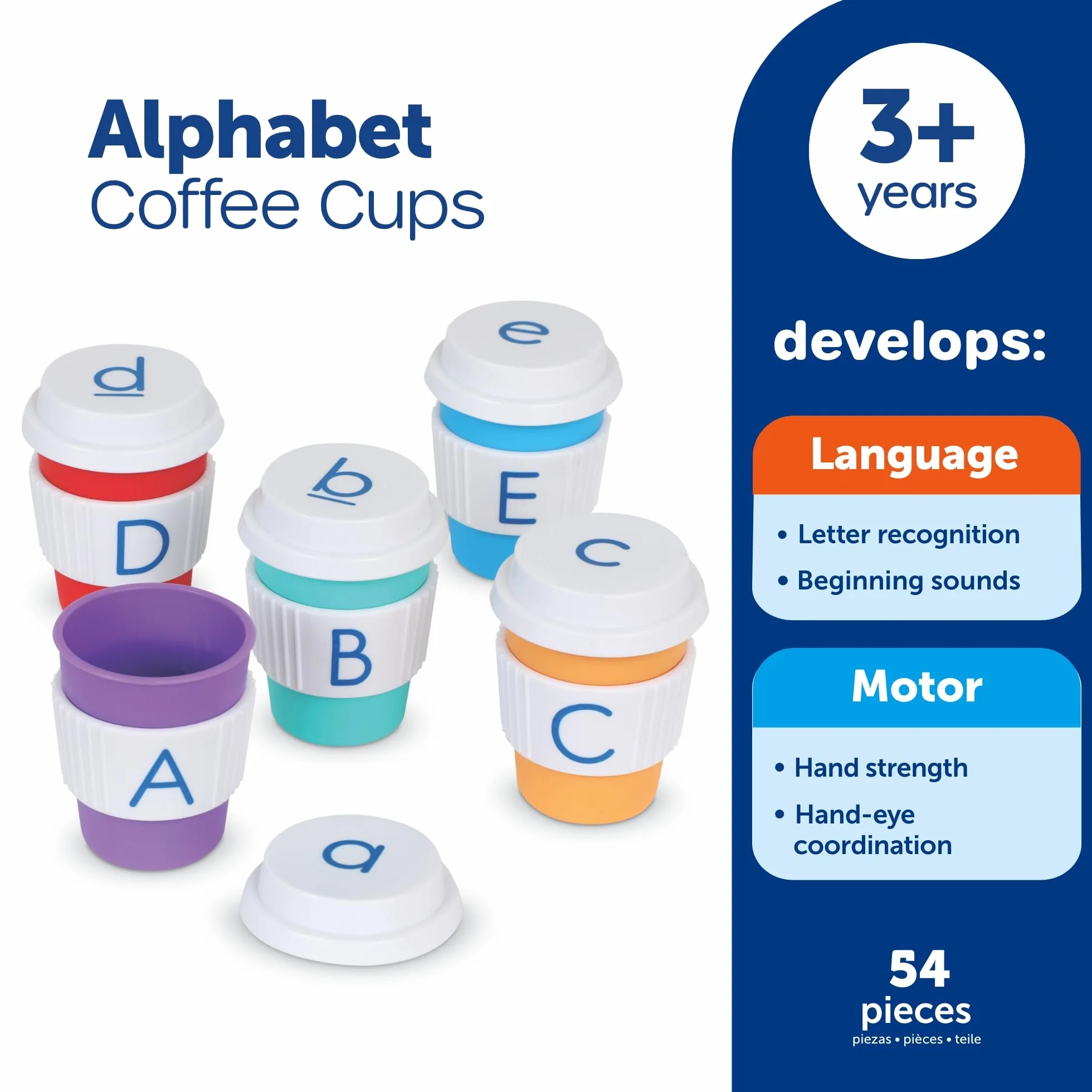 Learning Resources Alphabet Coffee Cups kubki z alfabetem zabawka do rozpoznawania liter i dopasowywania dla dzieci od 3 do 8 lat