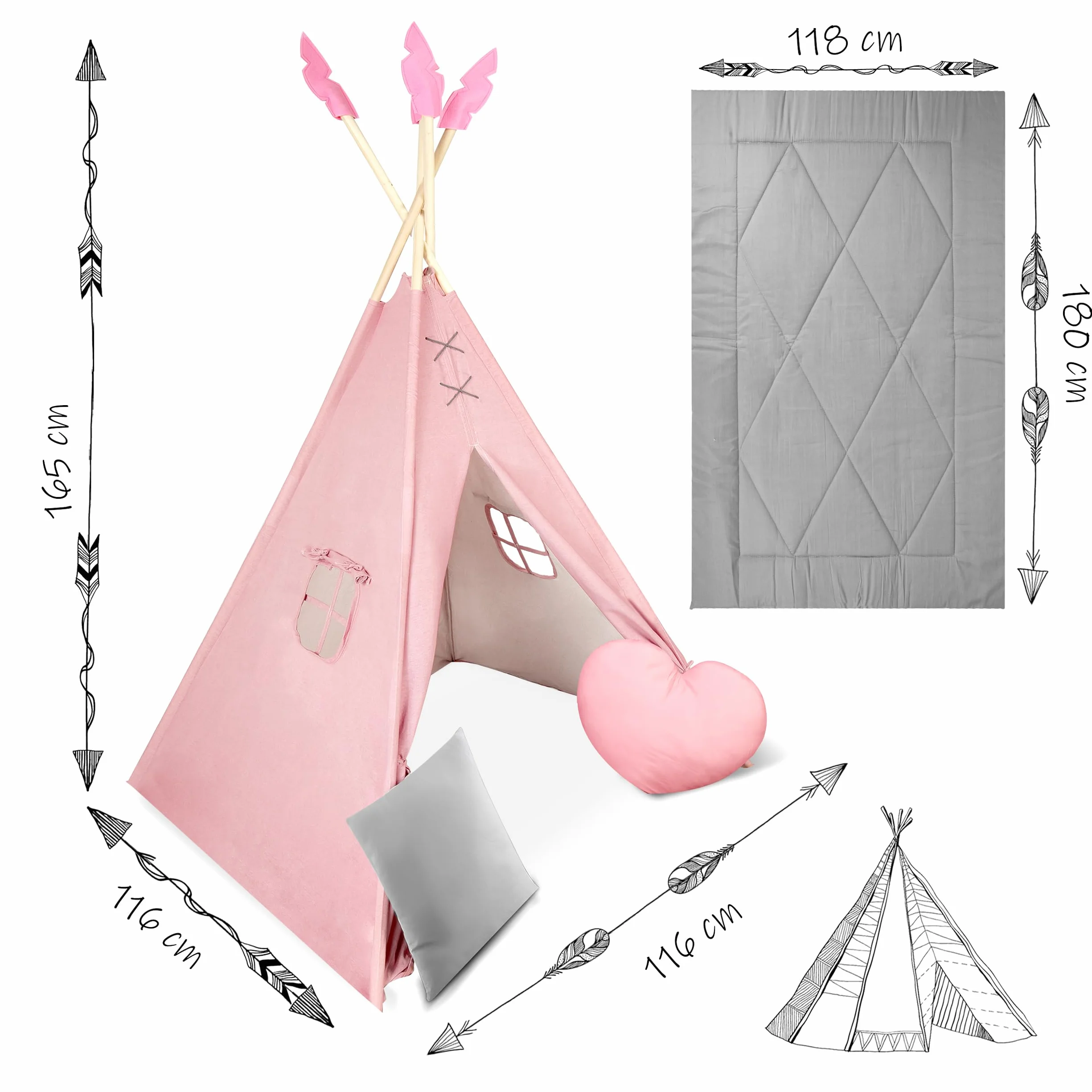 Nukido namiot dla dzieci tipi teepee wigwam z girlandą, poduszkami, dużą matą i stabilizatorem różowo-szary