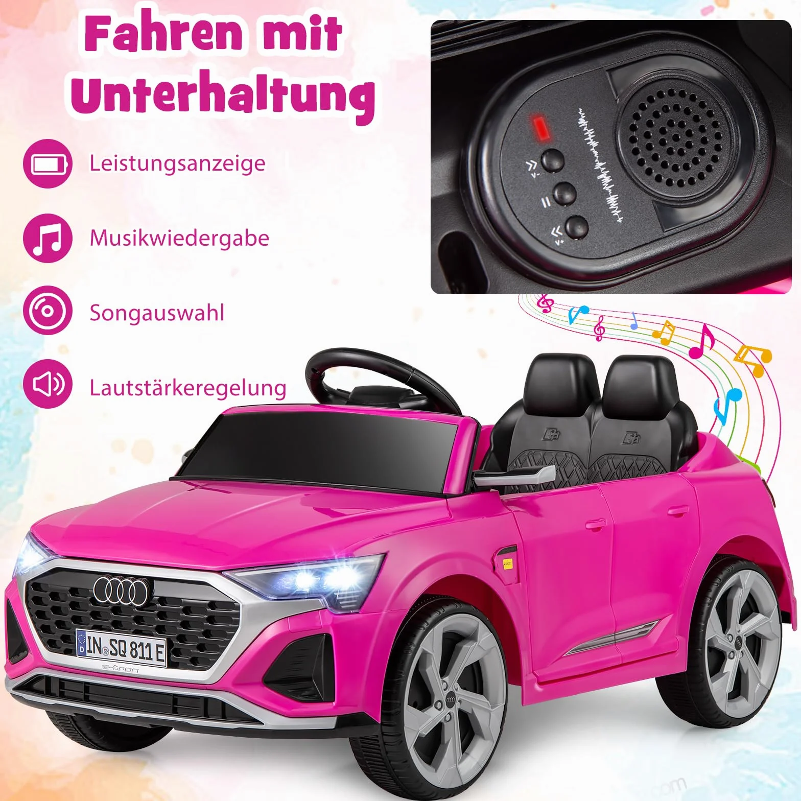 COSTWAY Samochód elektryczny dla dzieci Audi SQ8, 12 V, z pilotem zdalnego sterowania 2,4 G, klaksonem, reflektorami i muzyką, 3-biegowy samochód dziecięcy, elektryczny samochód dla dzieci od 3 lat
