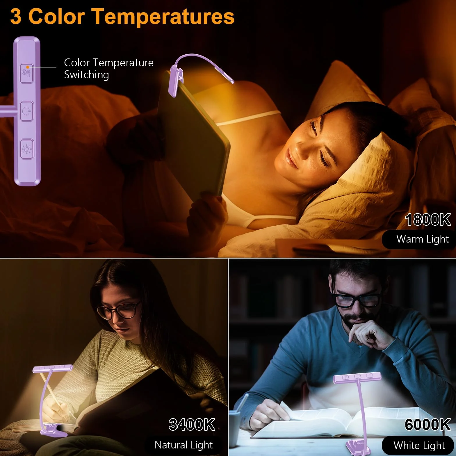 Gritin Lampka do Czytania 19 LED, Ładowana Przez USB, 3 Tryby Temperatury Barwowej, Długa żywotność baterii, Płynna Regulacja Jasności, Elastyczna Lampka Zaciskowa 360° do Czytania w Łóżku -Fioletowy