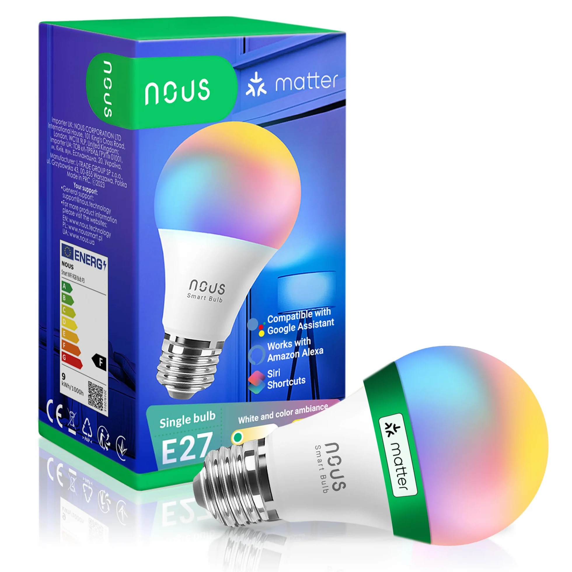 NOUS Inteligentna żarówka LED E27 RGB, Wi-Fi Alexa, inteligentna żarówka z pilotem zdalnego sterowania, zmiana kolorów, żarówka RGB, tylko 2,4 GHz WiFi