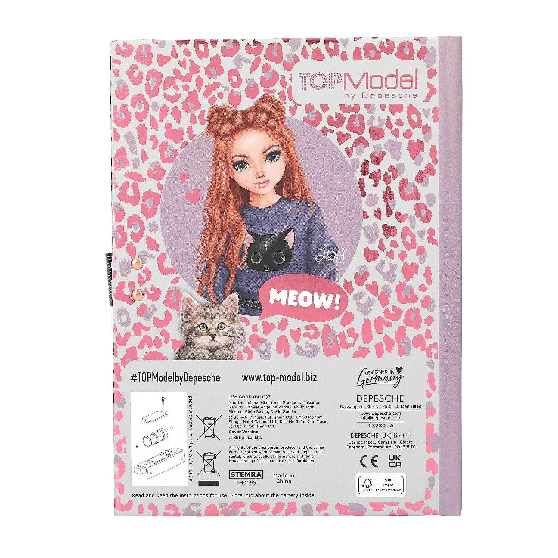 Depesche 13230 TOPModel Rebel Kitty - Pamiętnik z kodem numerycznym i dźwiękiem, książka z motywem modelki, wzorem leo i 80 kolorowo ilustrowanymi stronami w linie.
