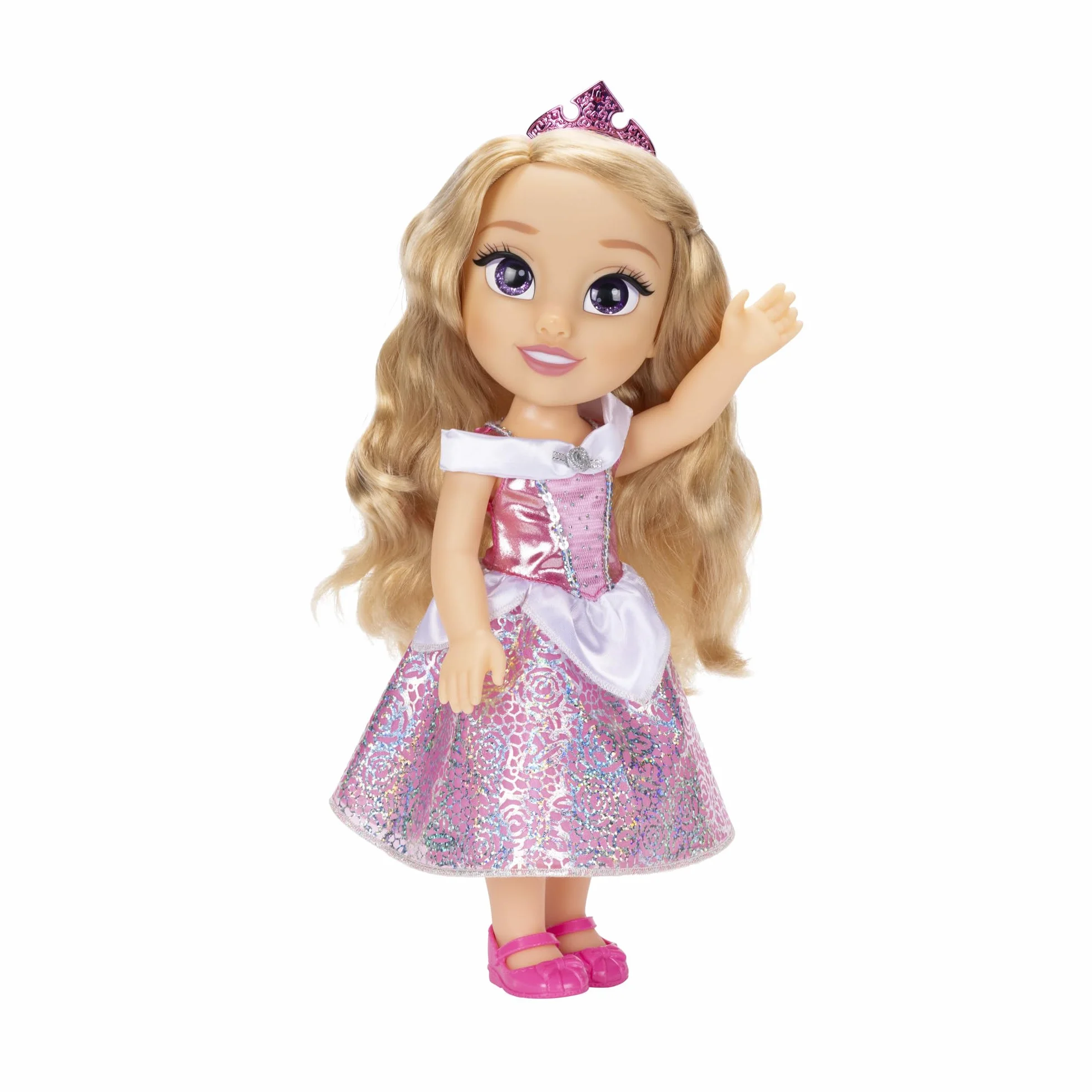 Disney Princess Modna lalka Aurora, 14"/35 cm wysoka lalka z królewskimi oczami refleksyjnymi zawiera błyszczącą platynową sukienkę z nadrukiem holofoilu, buty, tiara i pędzel, idealna dla dziewcząt w