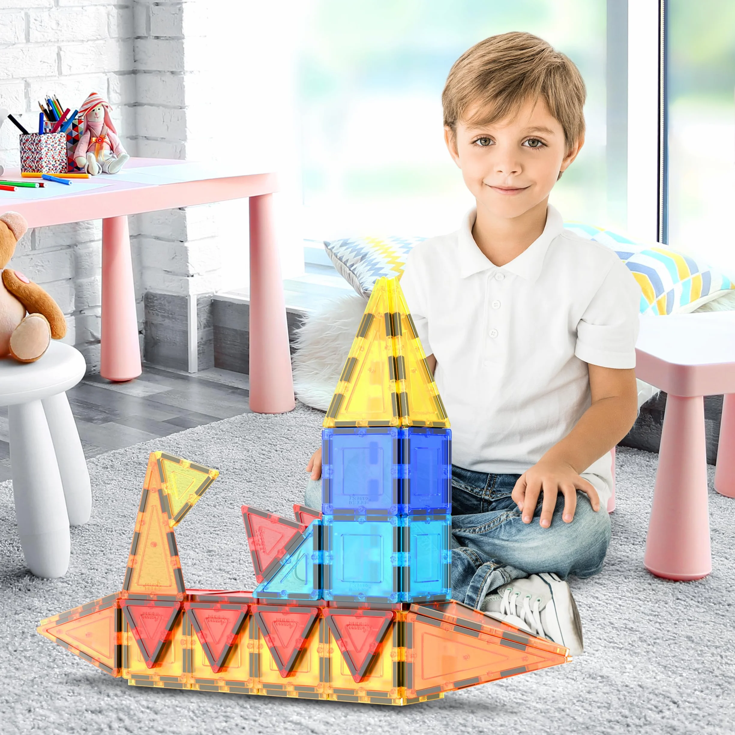 PicassoTiles Magnetic Tiles 60pcs Kids Toys Classroom Sensory Toy for Toddlers STEM Learning Building Blocks, Montessori Pretend Play Magnet Tile Construction Stacking Block Boys Girls Ages 3+ PT60
