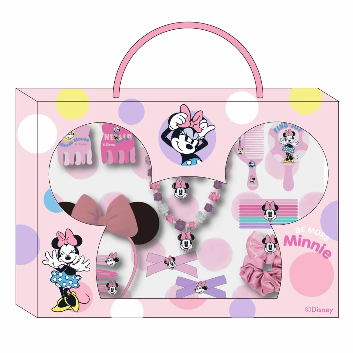Zestaw urody Myszki Minnie - zawiera 1 tasiemkę do włosów, 10 opasek do włosów, 2 pęsety, 3 spinki do włosów, 2 pędzle, 1 opaskę, 1 naszyjnik, 1 bransoletkę i 1 pierścionek - oryginalny produkt