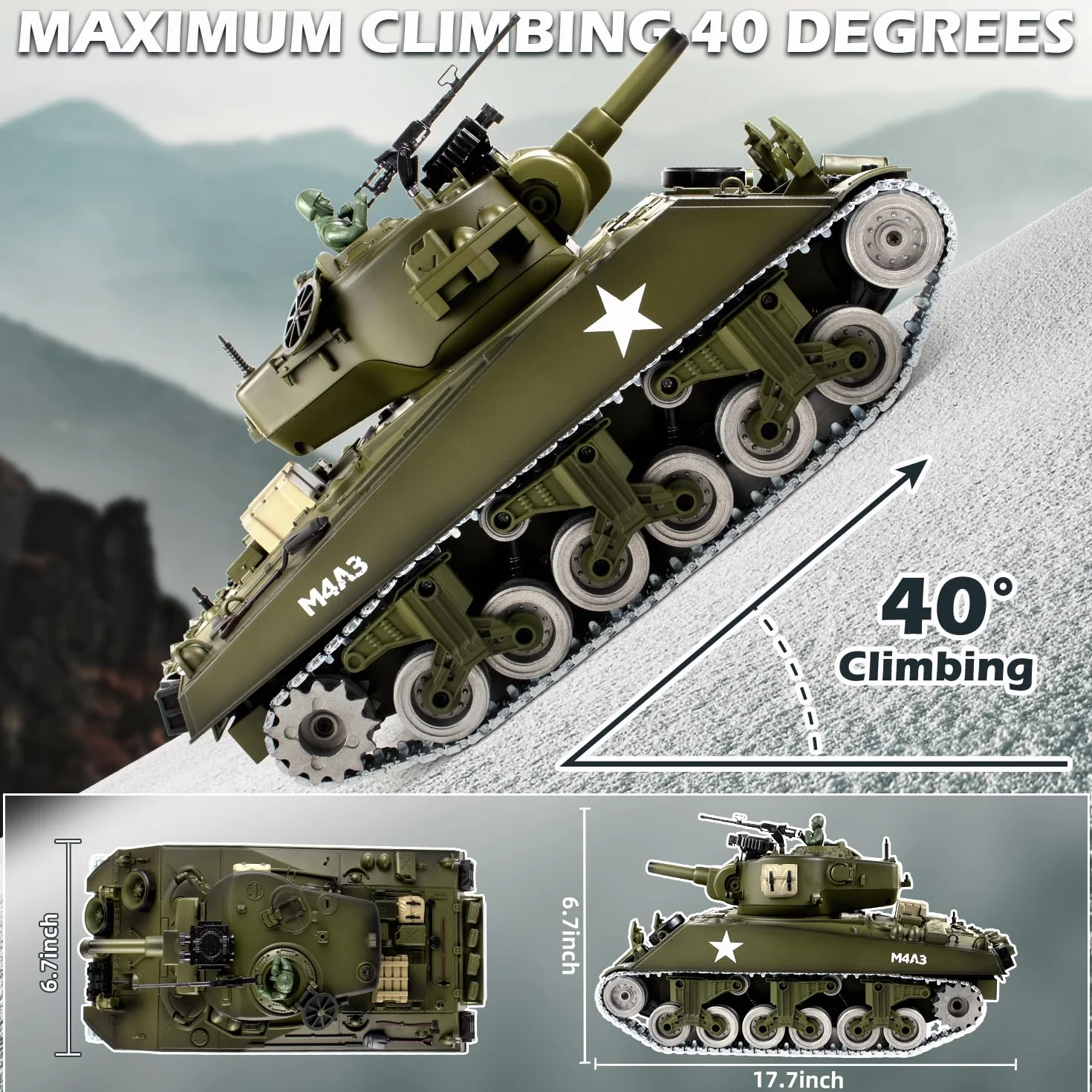 Supdex Czołg RC, 1:18 metalowy M4A3 Sherman, amerykański czołg zdalnie sterowany z II wojny światowej, model wojskowy, który strzela kulkami BB, wojskowy pojazd RC 2,4 GHz z dymem, światłami