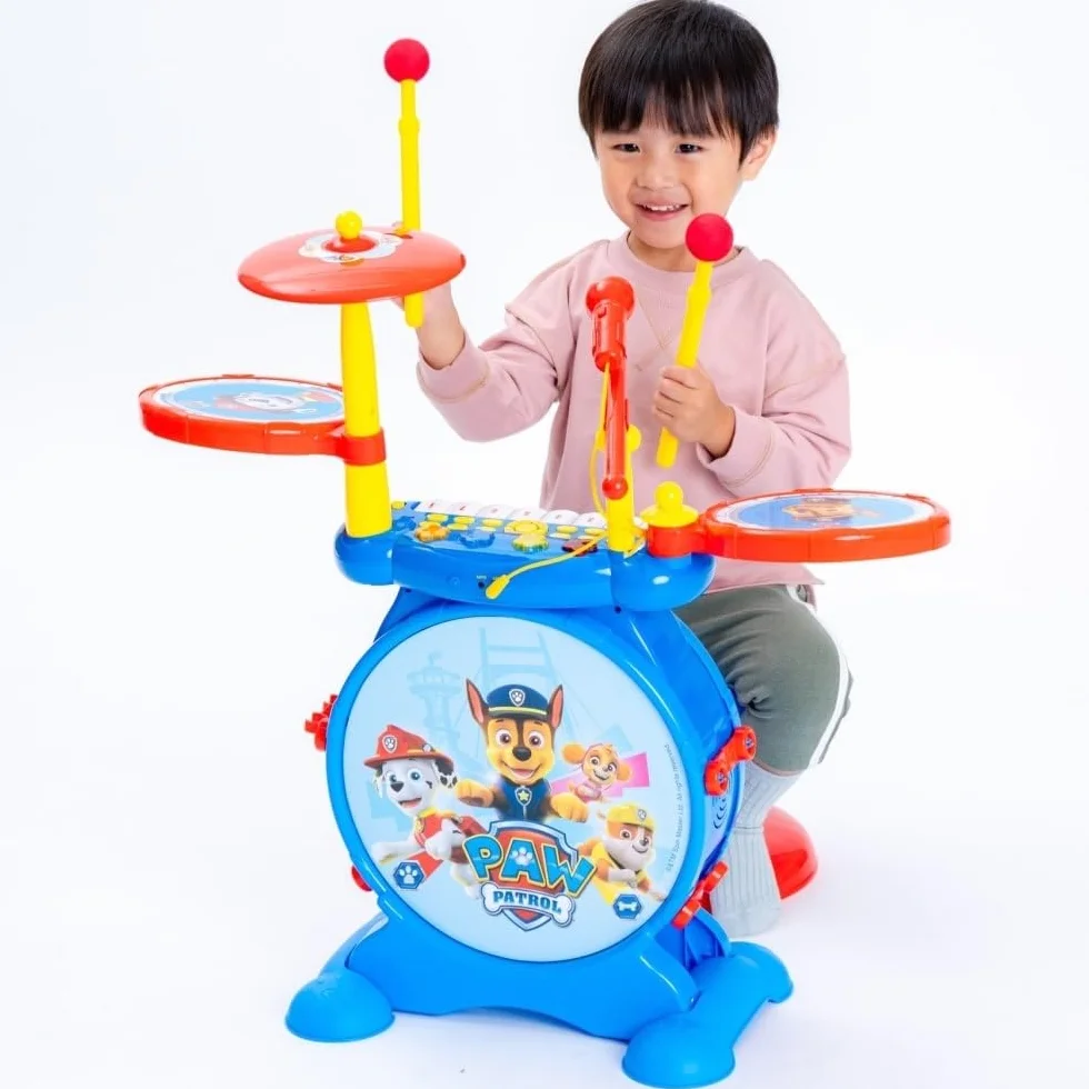 Lexibook K610PA Paw Patrol Chase Elektroniczny Zestaw dla Dzieci, Muzyczna Zabawka, Realistyczny Dźwięk Perkusji, 8-Klawiszowa Klawiatura, Wtyczka Mp3, Siedzisko w Zestawie, Niebieski, Czerwony