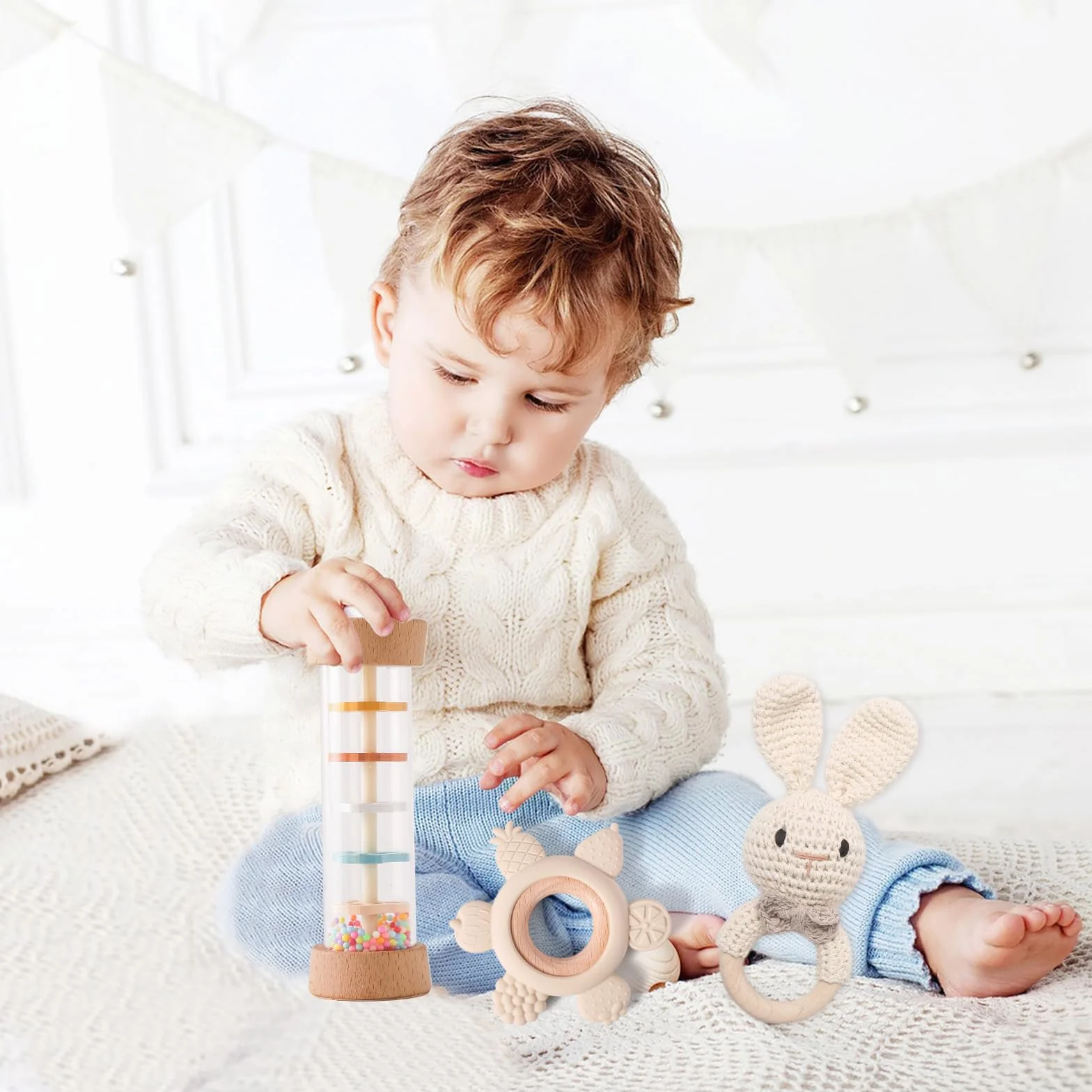 Drewniana grzechotka Montessori dla niemowląt 3 szt. zestaw kij deszcz ząbkowanie zabawki 3-6-12 miesięcy