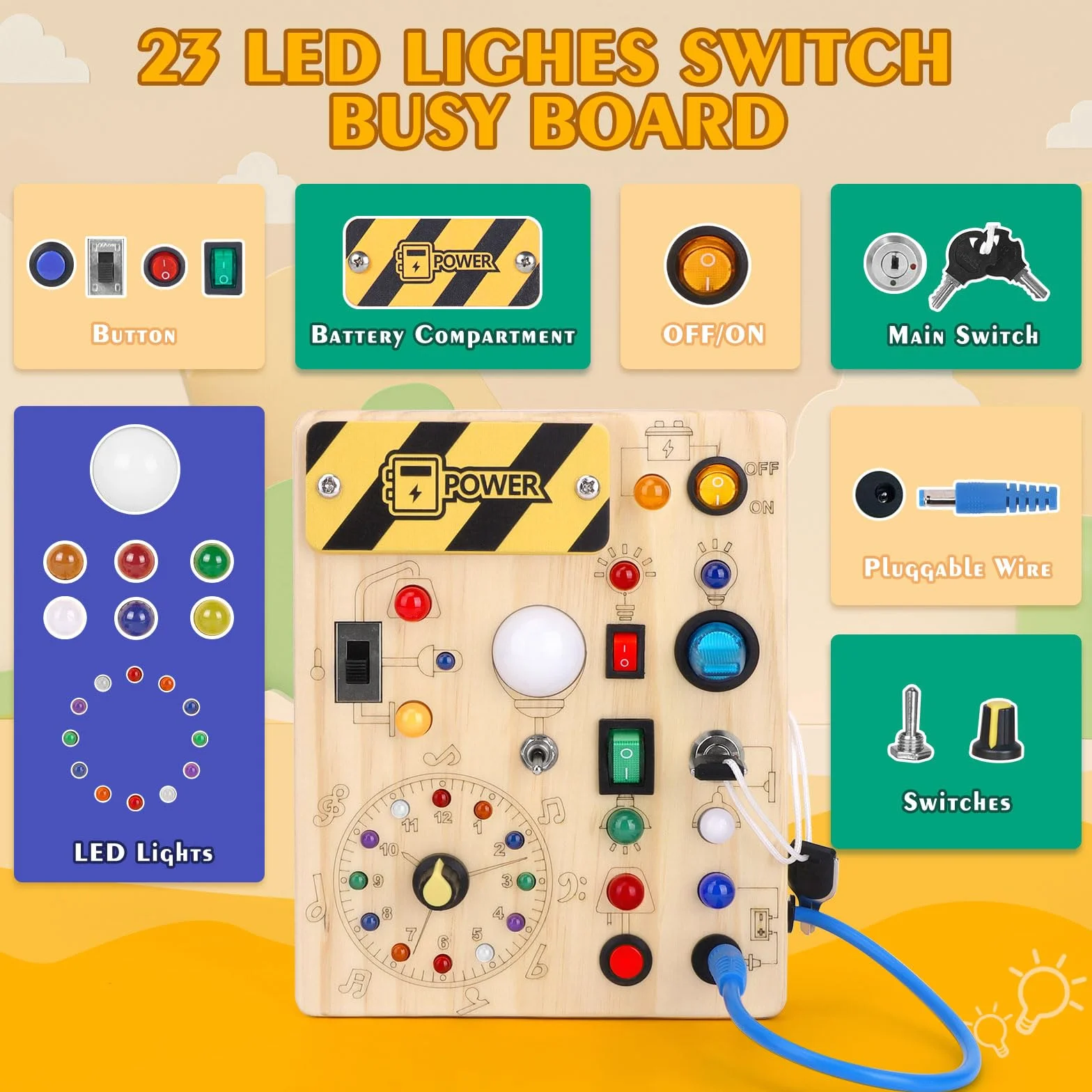 Montessori Busy Board – Drewniana tablica aktywności dla maluchów 1-3 lat, 10 przełączników, 23 diody LED, zabawki sensoryczne