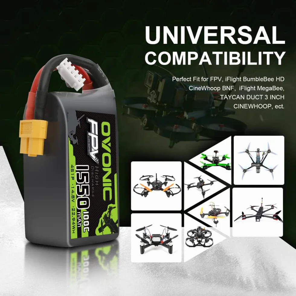 OVONIC Akumulator Lipo 4s 1550mAh 100C 14,8V z wtyczką XT60 do RC FPV Quadcopter, samolot, hobby, DIY(1 szt.)