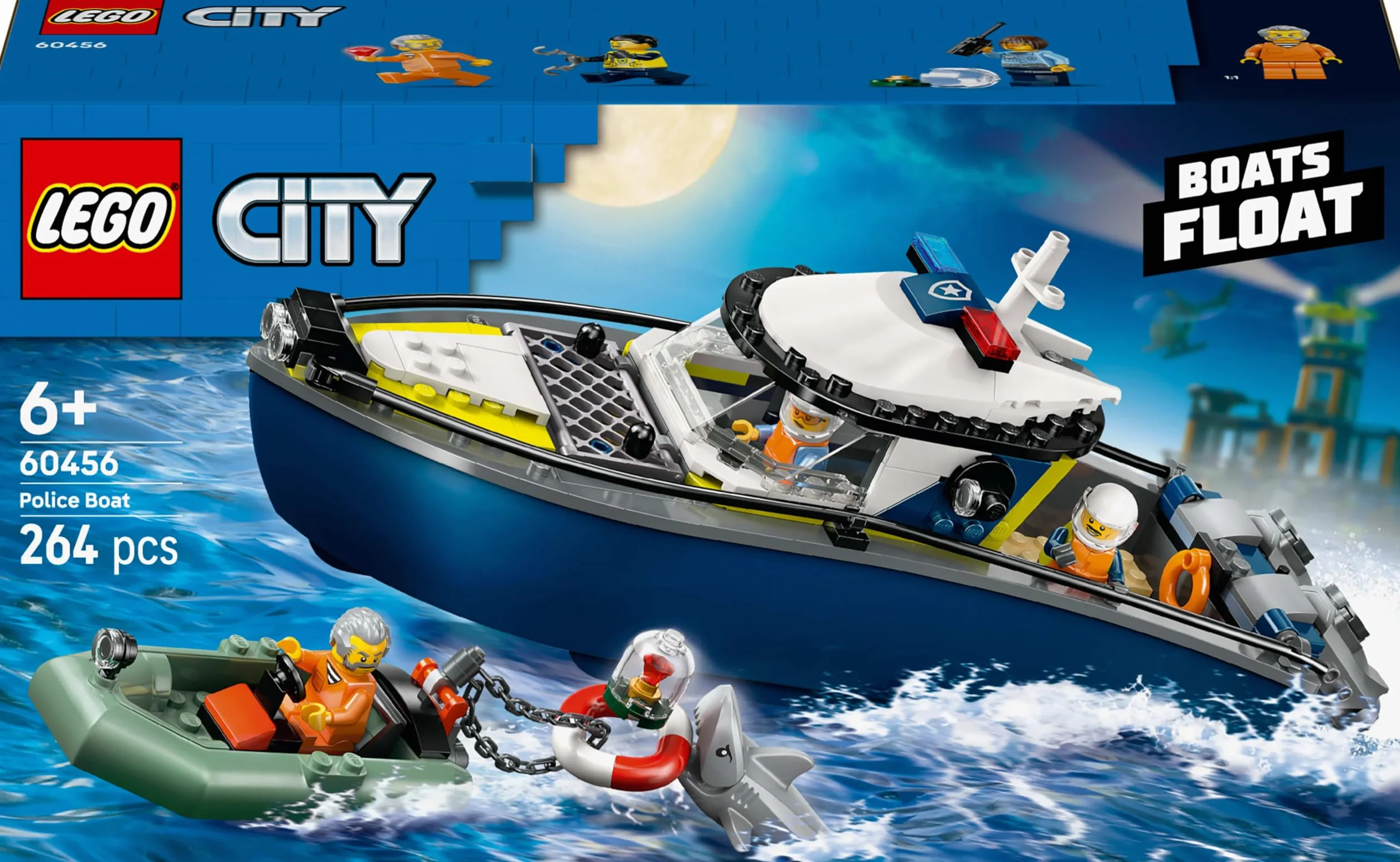 LEGO City Pościg łodzią policyjną, zabawka dla dziecka do zbudowania z motorówką i pontonem złodziejaszka, pomysłowy prezent dla 6-latków, zestaw policyjny dla chłopców i dziewczynek 60456
