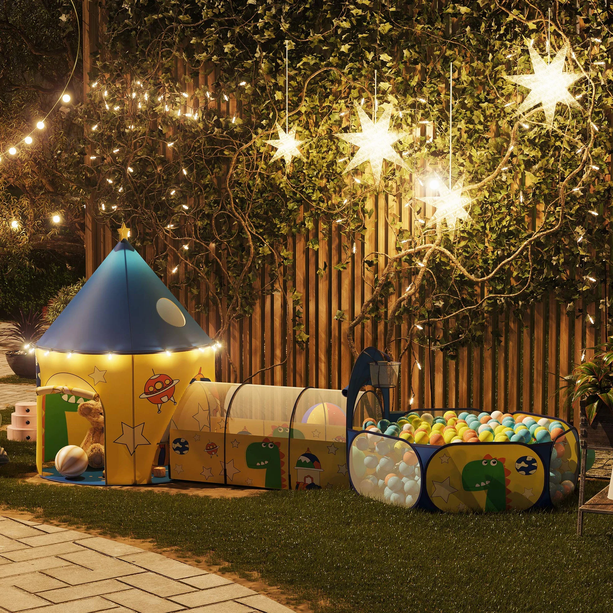 SONGMICS 3 w 1, Pop up Park dziecięcy z namiotem, tunelem, basenem z piłką, kosmicznym motywem dinozaura, pomysł na prezent, żółty i niebieski LPT702Y01