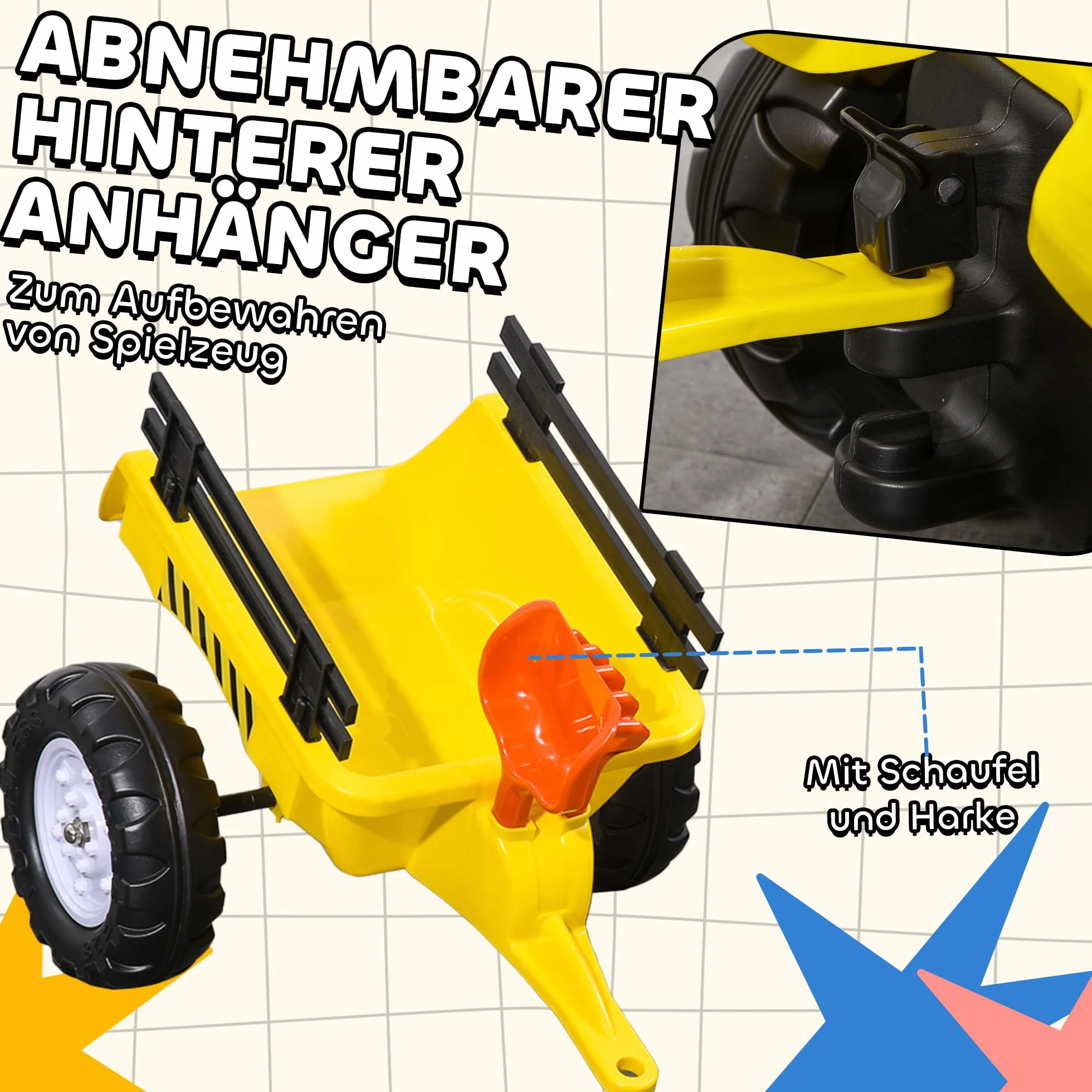 HOMCOM Traktor pedałowy z przyczepą, traktor pedałowy, dla dzieci od 3 lat, do użytku na zewnątrz, do ogrodu, metalowy, żółty, 133 x 42 x 51 cm