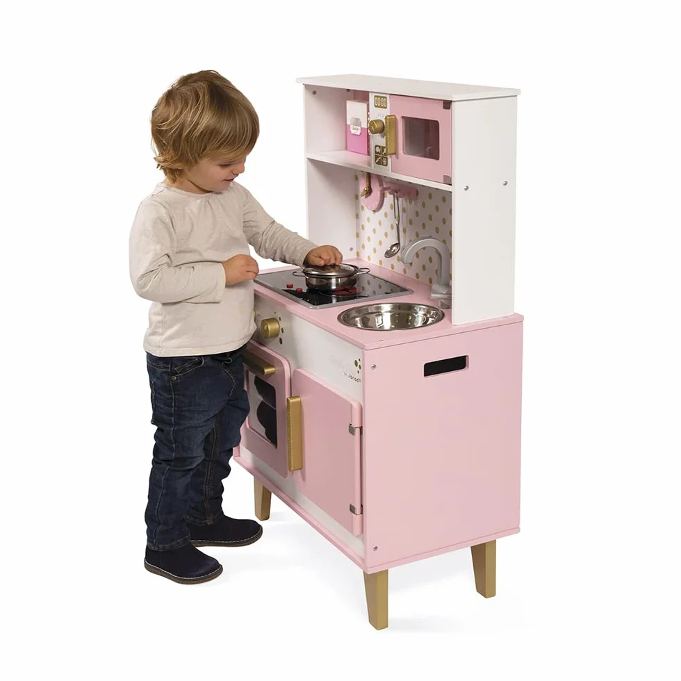 Janod - Candy Chic Big Wooden Cooker for Children - Equipped with Fridge and Microwave, Sound and Light - Pretend Play - 6 Accessories Included - For children from the Age of 3, J06554, Pink and White