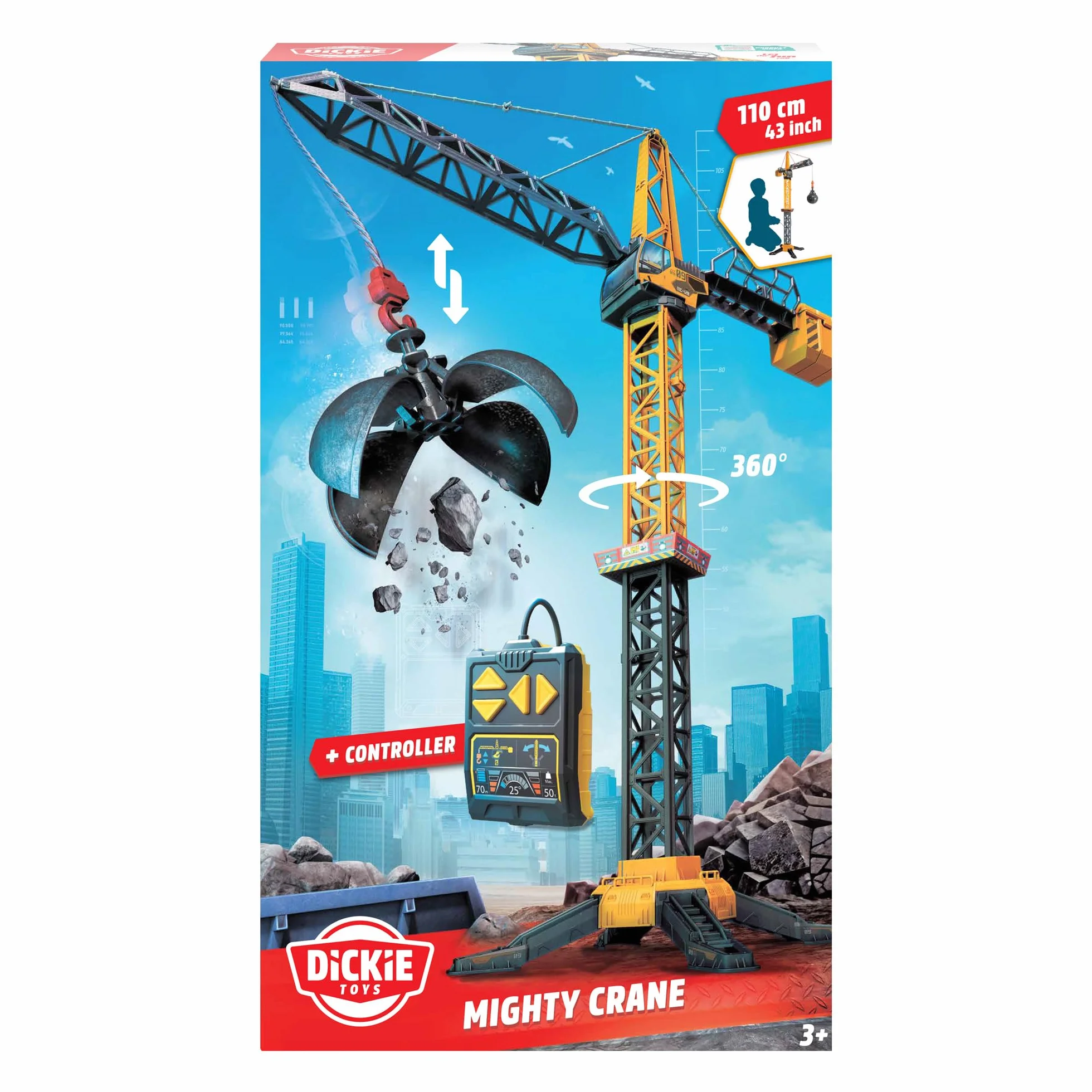 Dickie Toys 203729022 Volvo Dźwig Zdalnie sterowany, obrót 360°, kula wyburzeniowa z funkcją otwierania i chwytania przedmiotów, wysokość: 110 cm.