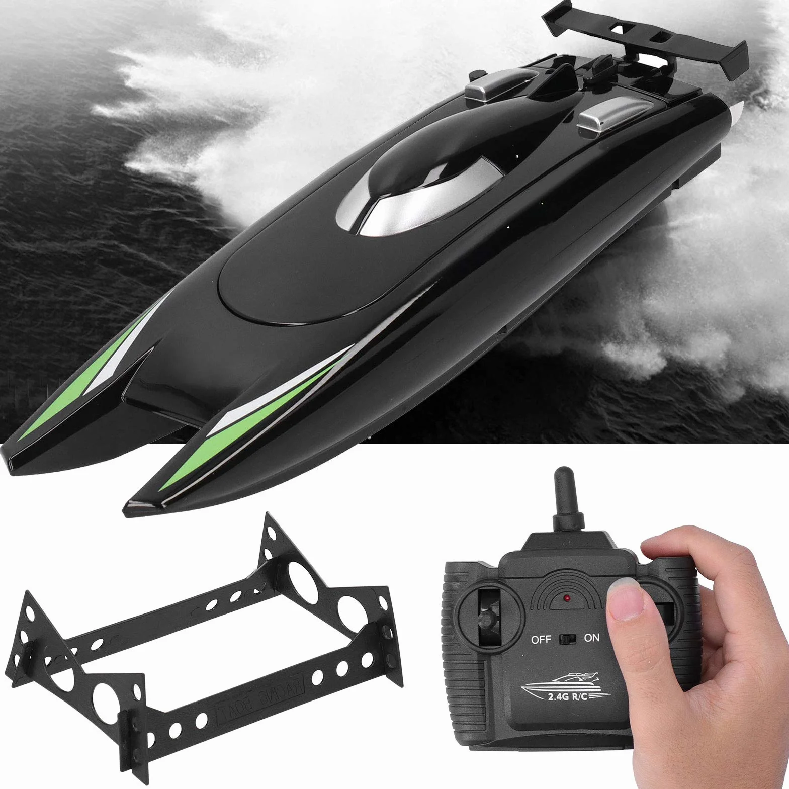 Zabawka ochronna 2,4 G RC Boat, 30 ładowalna łódź wyścigowa o dużej prędkości? Podwójny silnik pilot zdalnego sterowania zabawki motorowe dla dorosłych i dzieci (czarny)