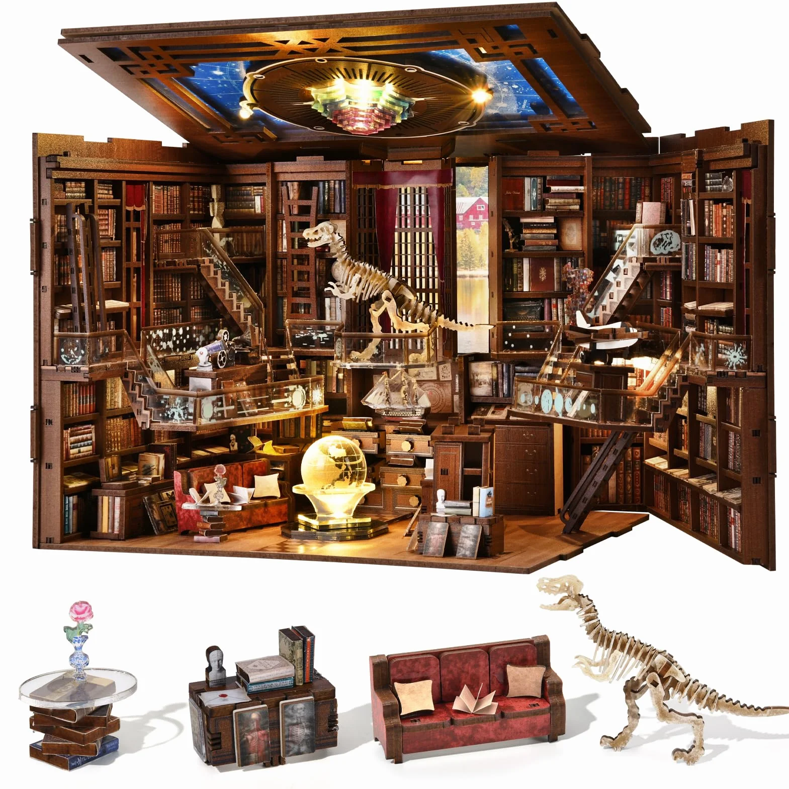 MiniCity Zestaw Book Nook, miniaturowy domek dla lalek 3D DIY, drewniane puzzle 3D, z dekoracją, ze światłem LED, dla nastolatków i dorosłych (Beyond Library Max)