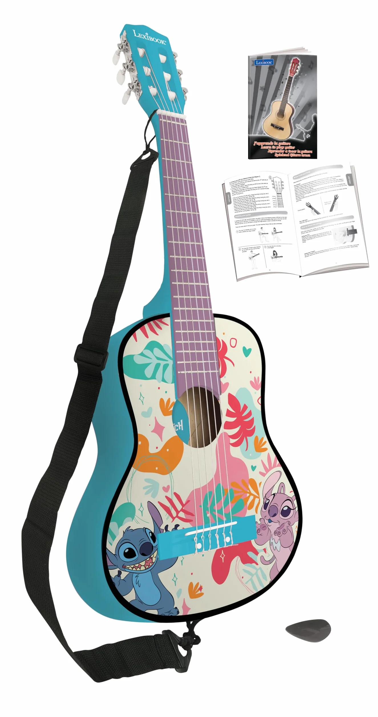 Lexibook, Disney Stitch, Moja Akustyczna Gitara Drewniana, 6 Strun Nylonowych, 78 cm (30"), Przewodnik do Nauki, Kostka i Pasek w Zestawie, Niebieski, K2000D