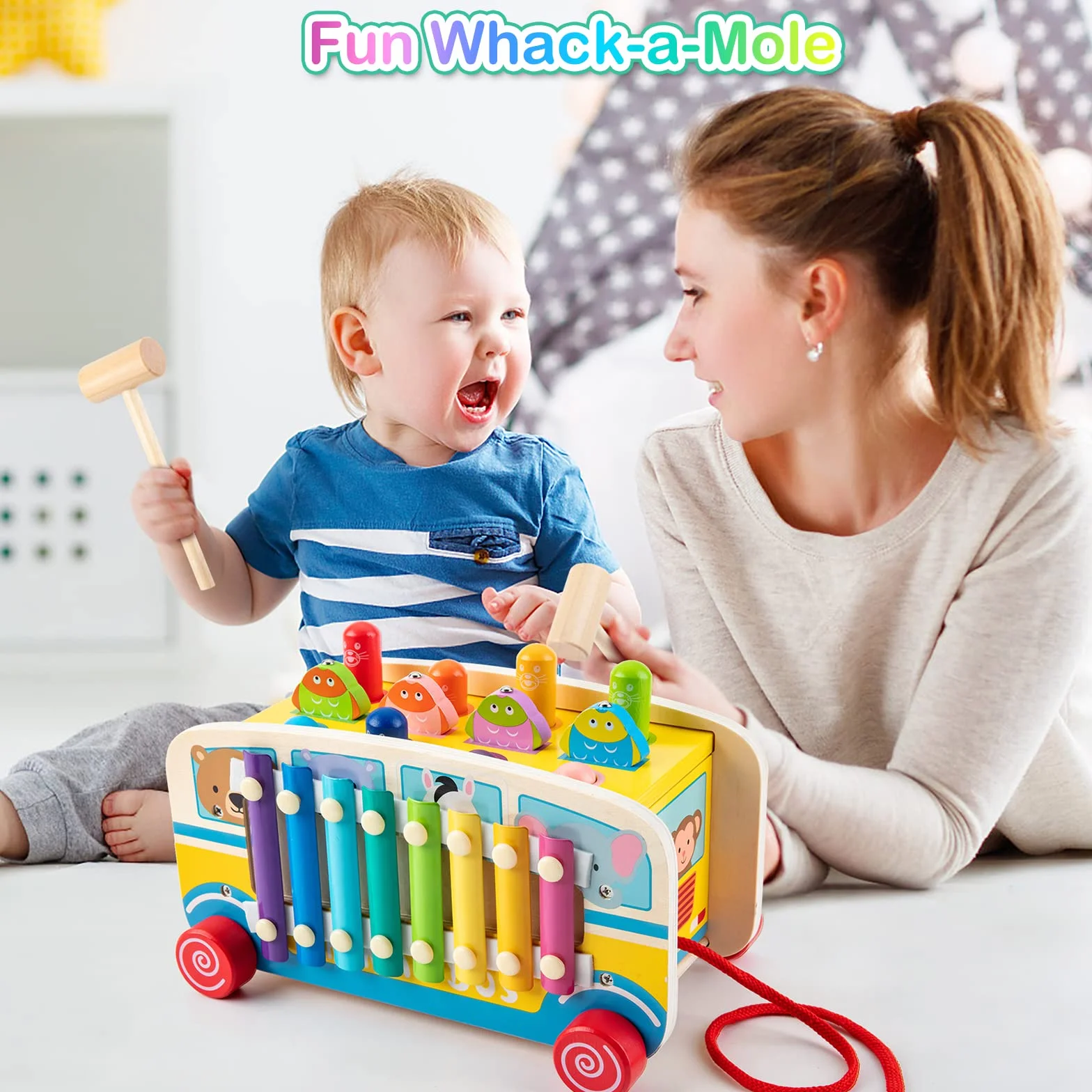 Sundaymot Montessori zabawka dla dzieci od 1 roku, 4 w 1, zabawka motoryczna, drewniana zabawka dla dzieci od 3, 4, 5, 6, 7 lat, prezent dla dziewcząt, chłopców, wersja autobusu
