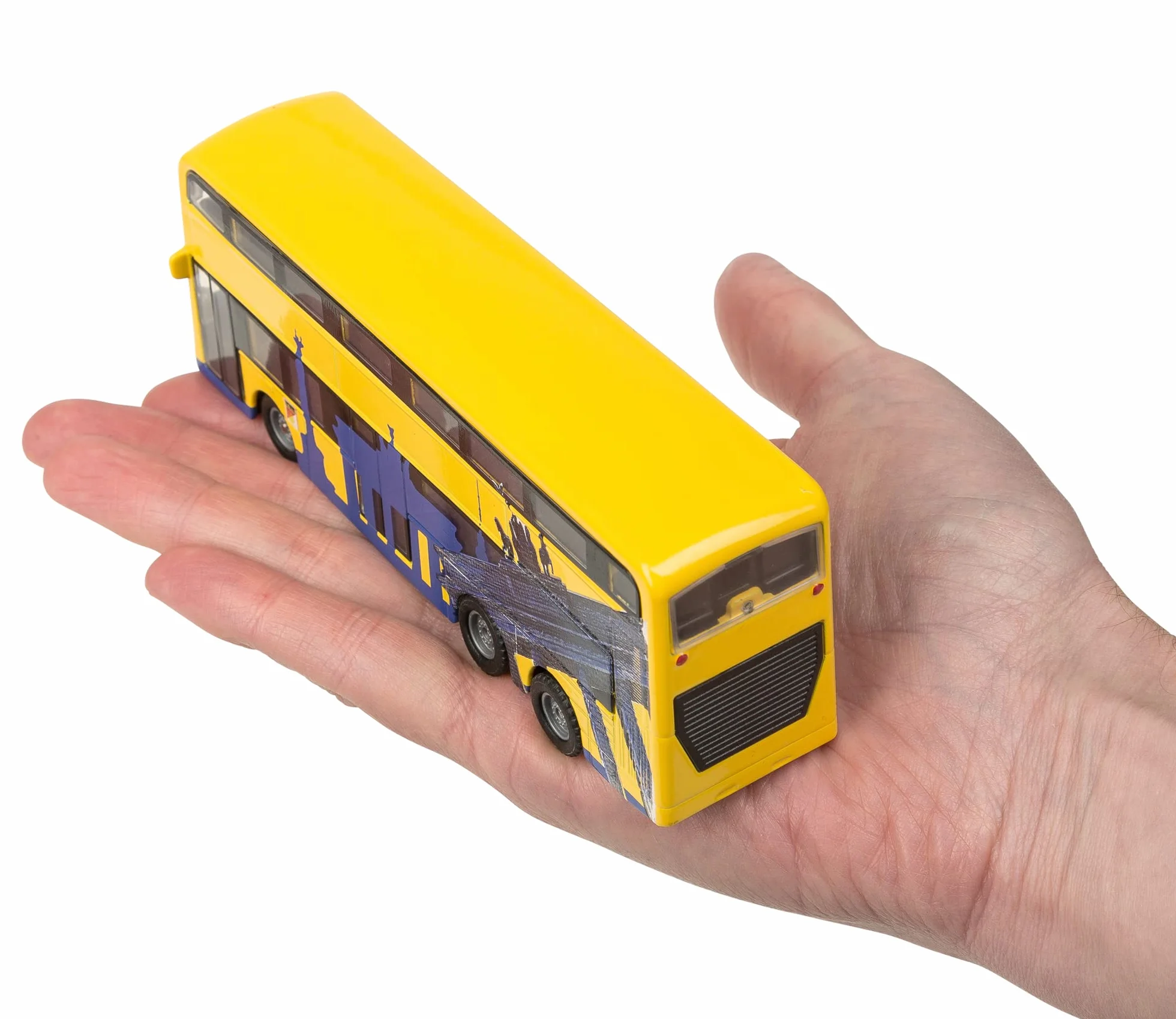 Idena 40107 model autobusu berlińskiego dwupokładowego z silnikiem cofania 18,5x13,5x4,5 cm żółty zabawka pamiątka kolekcjonerski