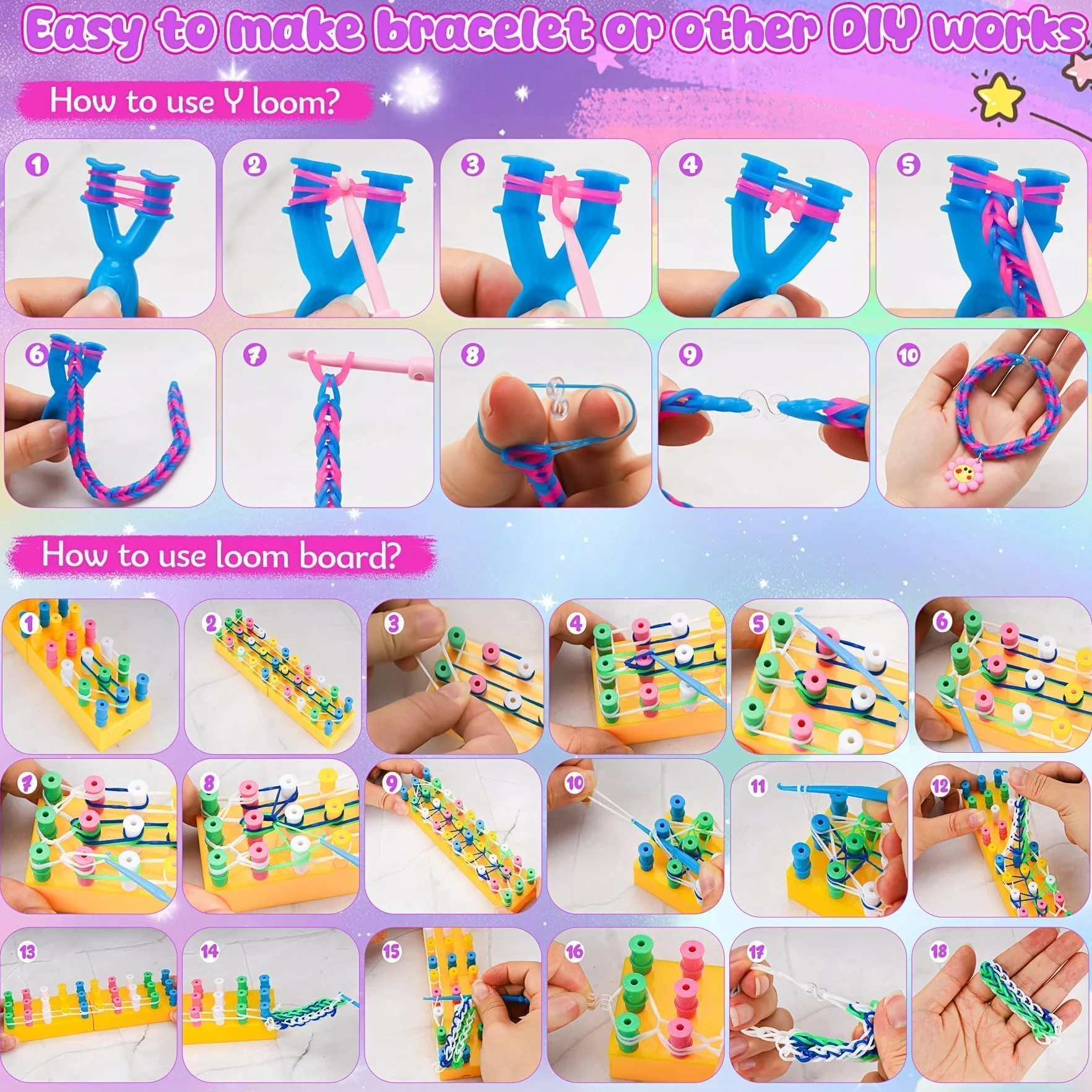 Zestaw 10 000 + tasiemek Loom, 56 rastrów, 36 kolorów, kolorowe taśmy gumowe, zestaw do samodzielnego wykonania, elastyczne bransoletki dla dzieci, do majsterkowania, z koralikami, haczykami, do