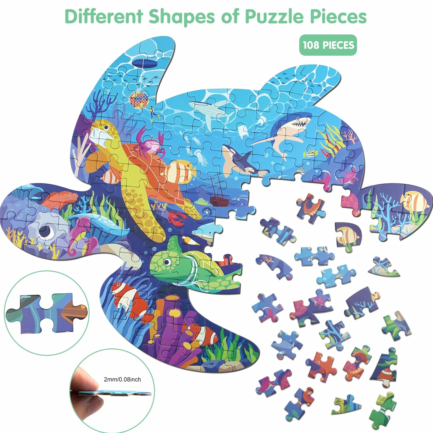 Puzzle z żółwiem morskim dla dzieci, 108 sztuk puzzli z dużymi elementami dla dzieci w wieku 4, 5, 6, 7, 8, 9, 10 lat.