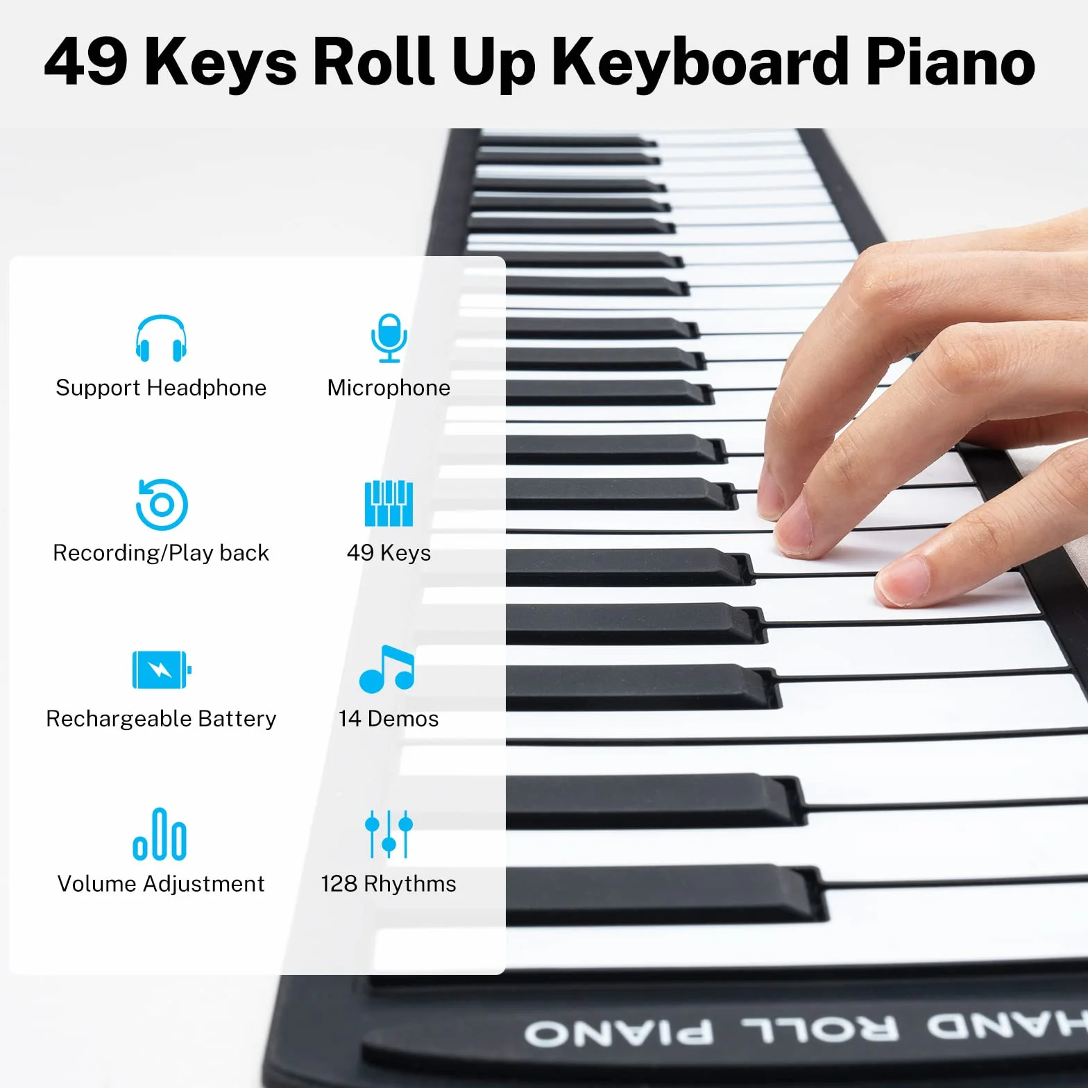 POGOLAB 49 klawiszy, ręcznie zwijana klawiatura, pianino cyfrowe, elektryczne składane pianino z 47 tonami, 14 demo, 128 rymowanek, mikrofonowe gniazdo słuchawkowe, przenośne, ładowalne, mini pianino
