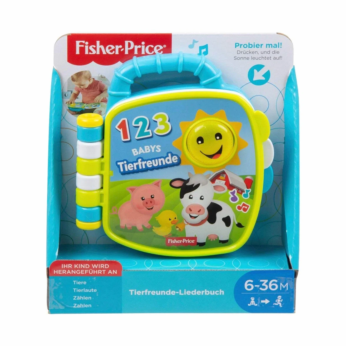 Fisher-Price GFP31 - „Ucz się i śmiej!” przenośna muzyczna książeczka, dla niemowląt i małych dzieci w wieku 6–36 miesięcy