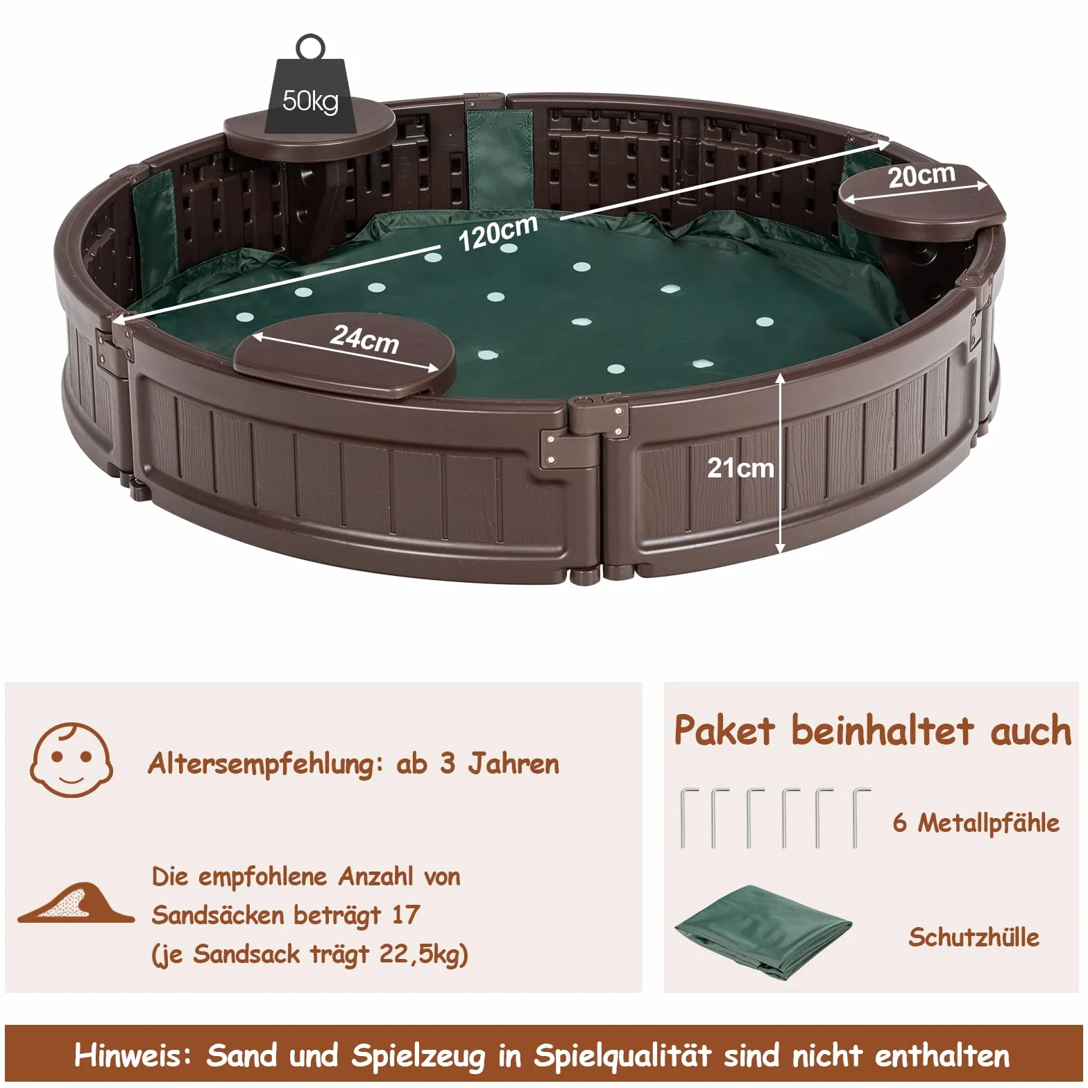 COSTWAY Piaskownica okrągła Ø 120 cm, piaskownica z wodoodporną pokrywą i podszewką podłogową, do użytku na zewnątrz, miejsce dla 3 dzieci