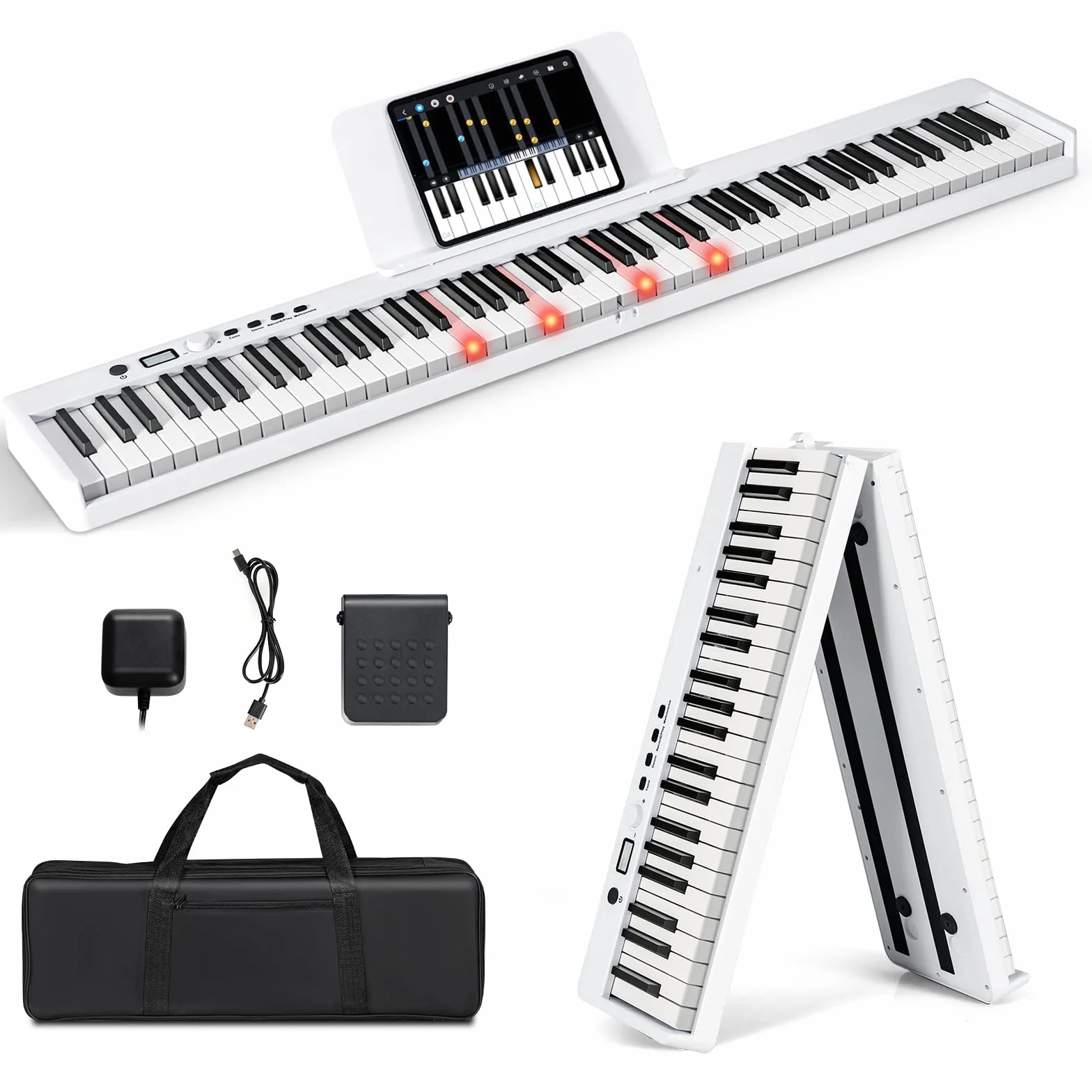COSTWAY pianino elektryczne 88 klawiszy składane przenośna klawiatura cyfrowa 128 rytmów 128 tonów 20 demo zestaw dla dzieci i dorosłych biały