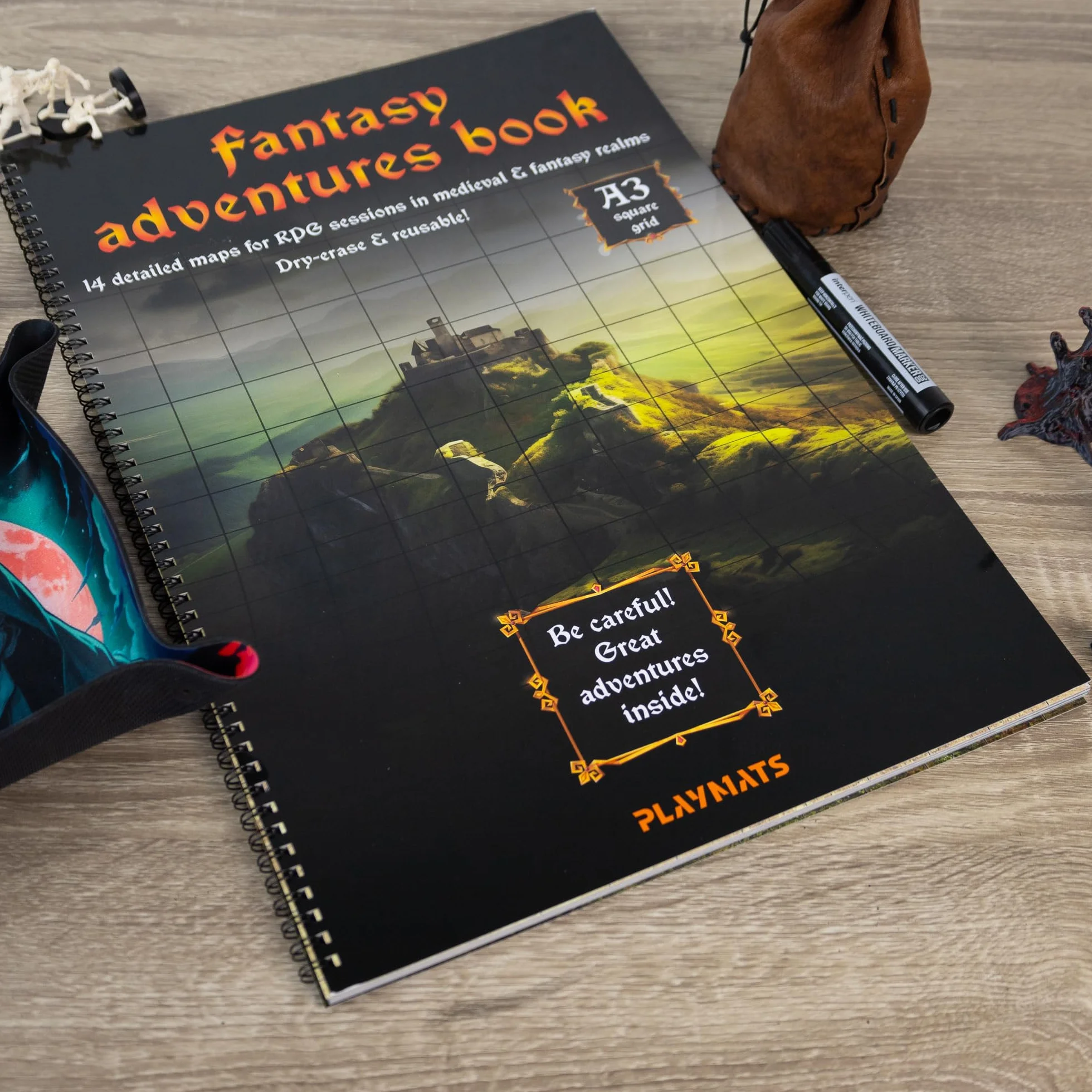Fantasy Adventures book - A3 Księga suchościeralna do gier RPG - 14 wzorów map - siatka kwadratowa