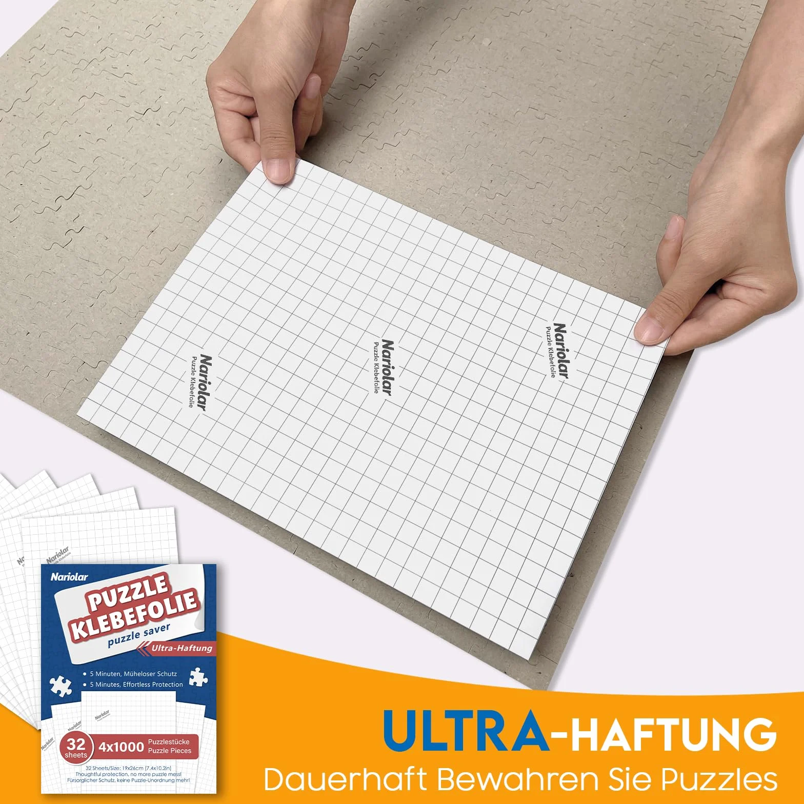 Nariolar Ultra-przyczepna folia samoprzylepna, 32 super klej do puzzli, do otrzymania 4 x 1000 elementów i do ochrony puzzli w ciągu zaledwie kilku minut