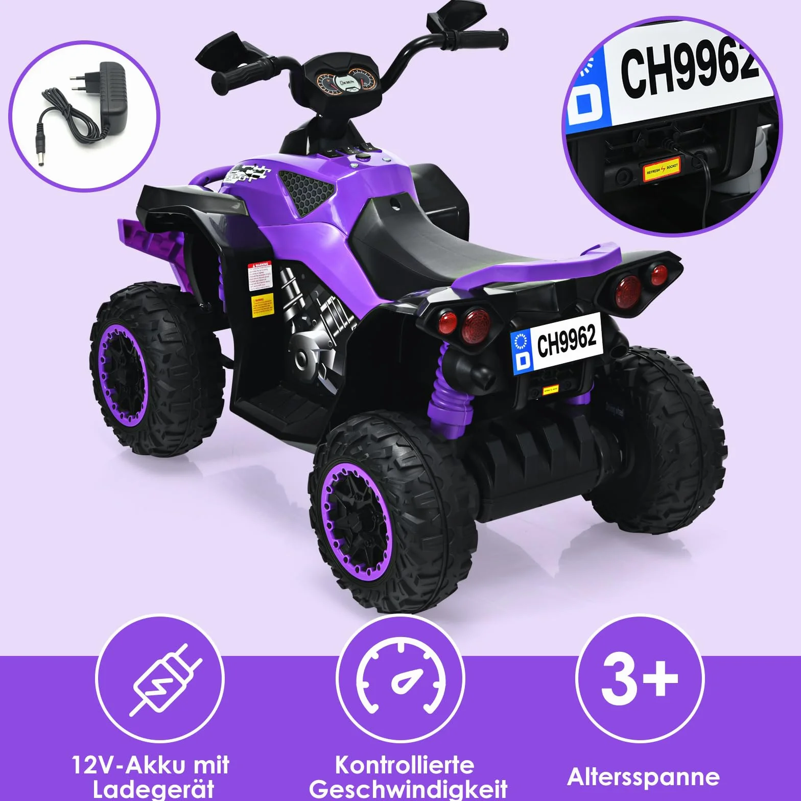 COSTWAY Elektryczny quad dziecięcy 12V z muzyką, klaksonem i LED, 2,2-4,3 km/h, dla dzieci od 3 lat fioletowy