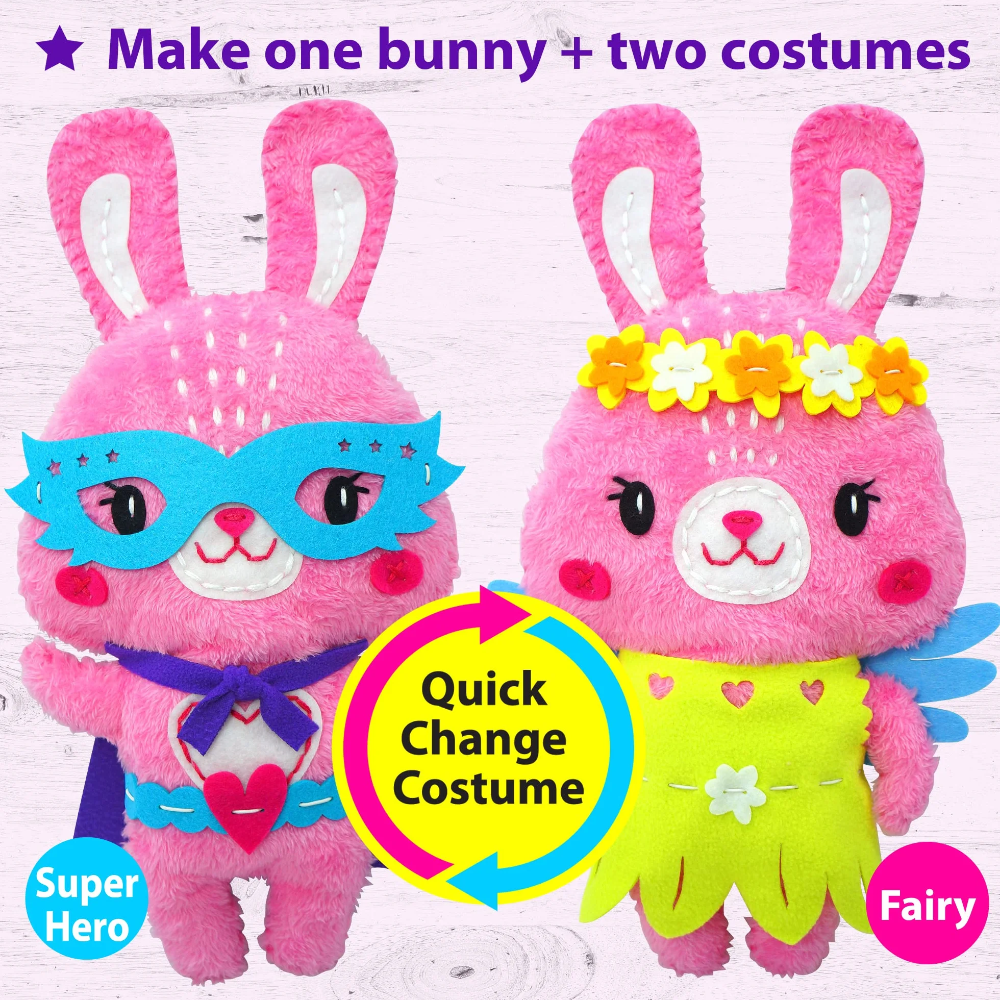 KRAFUN Big Jumbo Bunny Animal Zestaw do szycia dla dzieci Początkujący Moja pierwsza sztuka i rękodzieło, zrób 1 wypchaną lalkę z 2 kostiumami, instrukcjami i pluszowymi materiałami filcowymi
