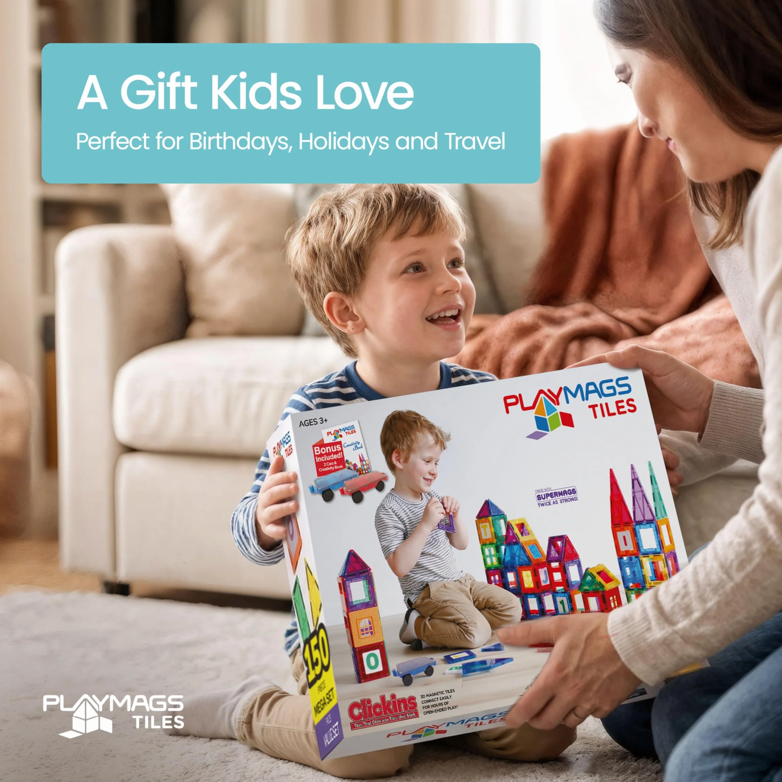 Playmags 150 Pcs Klocki Magnetyczne - Silniejsze magnesy Solidna Super Durable z Vivid jasny kolor płytek - 18 Kawałek Clickins Akcesoria do Zwiększ swoją kreatywność Zawiera Car Connectivity