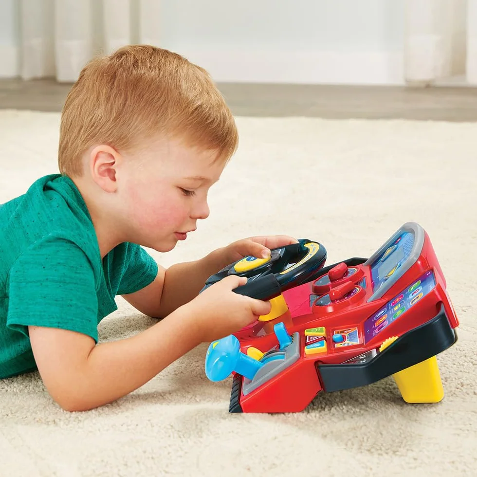 VTech - Super Turbo Console Driver, symulator jazdy z kolorowym ekranem i deską rozdzielczą, wyścigi samochodowe, nauka i gry, prezent dla dzieci w wieku od 3 lat do 8 lat - Zawartość w języku