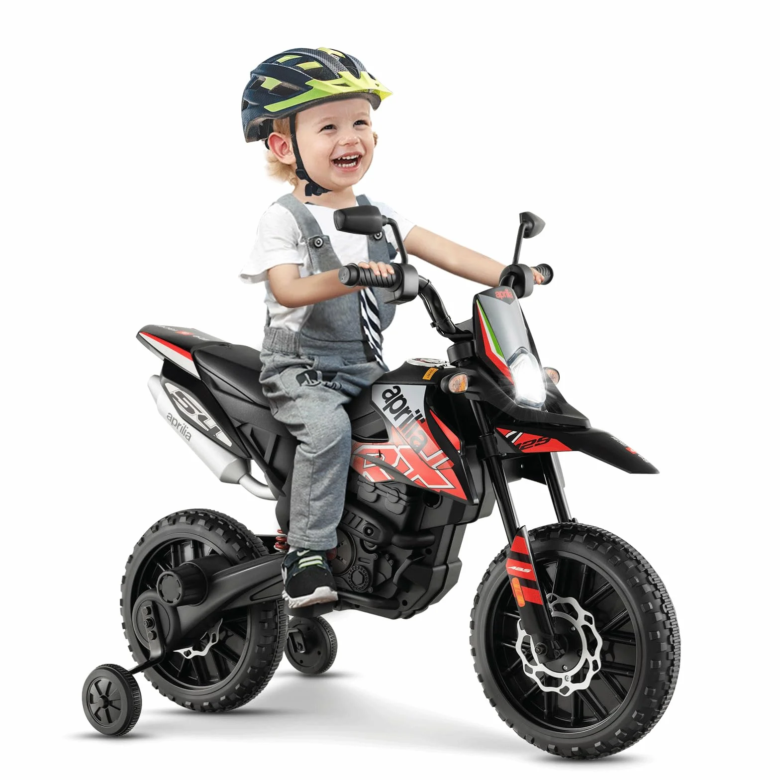 GOPLUS elektryczny motocykl Aprilia 12 V, 2 kółka podporowe i reflektory, muzyka dla dzieci 3-8 lat, pojazd z silnikami i amortyzatorami