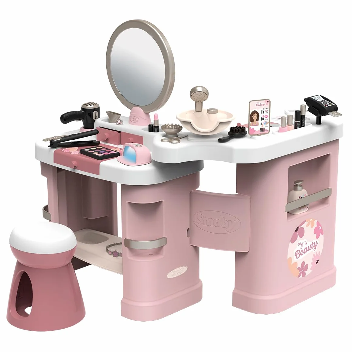 Smoby - My Beauty Center - 3 w 1 Beauty Institute - Fryzjerstwo, Salon paznokci, Sztuczny makijaż - 26 akcesoriów - Materiał z recyklingu - Od 3 lat - Wyprodukowano we Francji