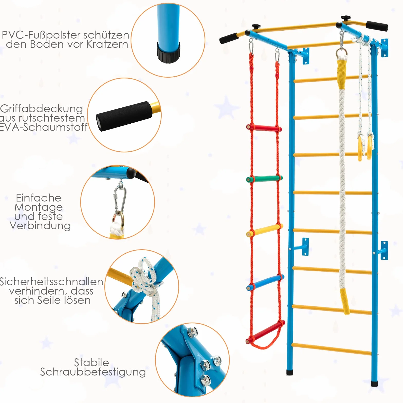 COSTWAY Ścianka wspinaczkowa dla dzieci, metalowa ścianka gimnastyczna, sprzęt gimnastyczny, rusztowanie wspinaczkowe, 107 x 83 x 223 cm, sprzęt sportowy dla dzieci i dorosłych do 100 kg (żółty i