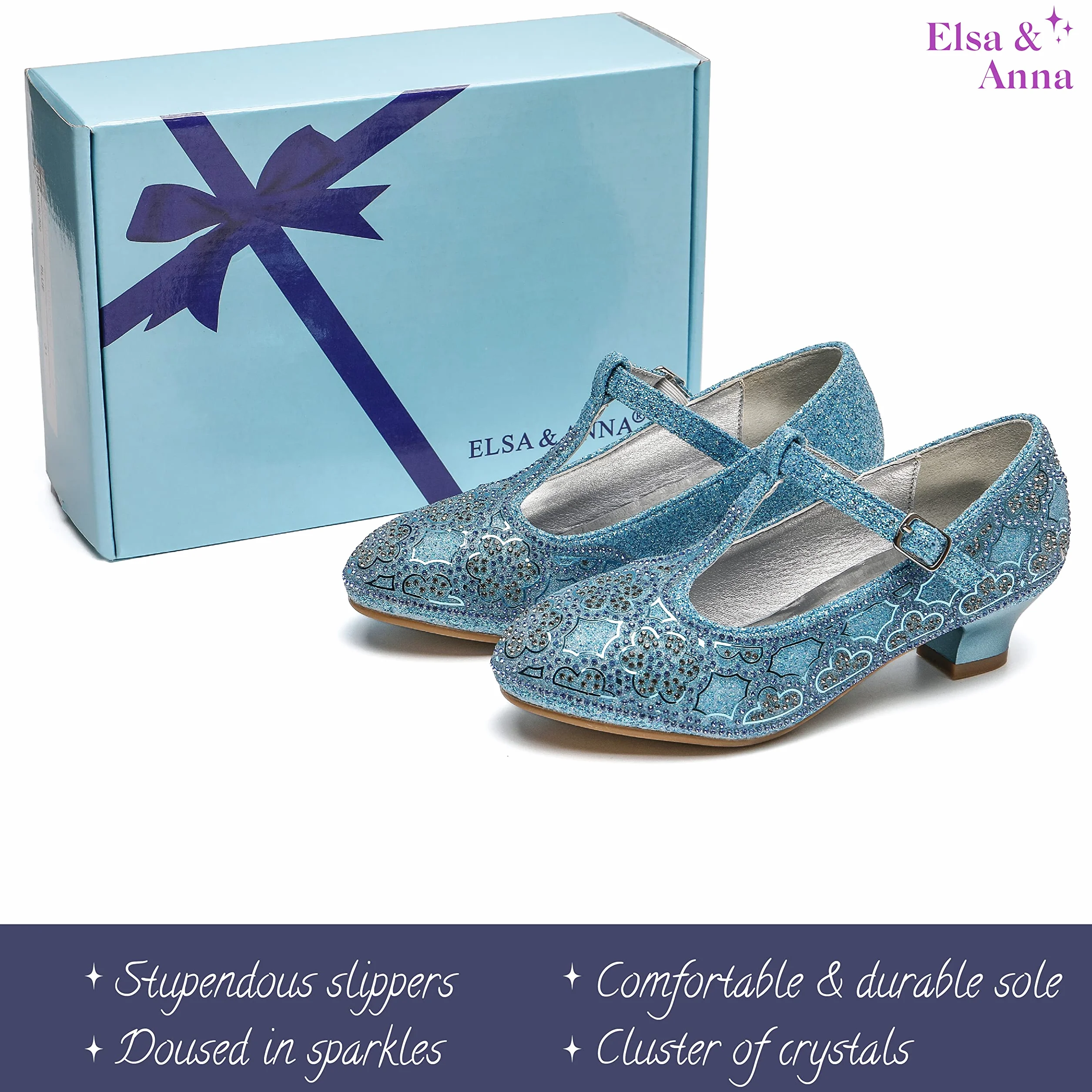 ELSA & ANNA Buty dla księżniczki Snow Queen – 3 cm buty do przebrania księżniczki na obcasie, błyszczące i kryształowe, fantazyjne buty do przebrania Elsy na imprezy i urodziny, cosplay, dla dzieci, wysokie obcasy (SIL21)