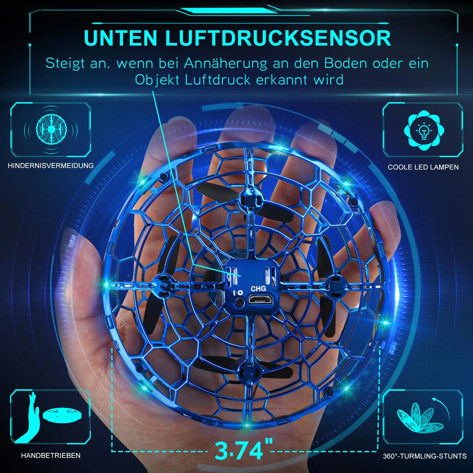 semai Mini UFO Drone Latająca piłka zabawka 360° Obrotowa latająca kula z oświetleniem LED, do użytku w pomieszczeniach i na zewnątrz Prezenty dla dzieci Chłopcy Dziewczęta 6 7 8 9 10+ lat, Niebieski