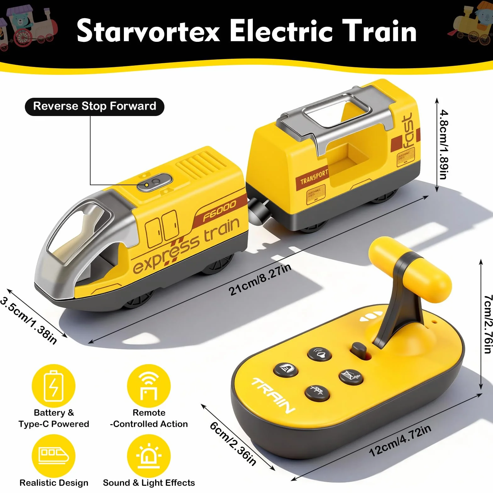 Starvortex Lokomotywa elektryczna, drewniany pociąg, elektryczny pociąg dla dzieci na baterie, kompatybilna z drewnianymi kolejami Thomas, Brio, gry edukacyjne dla dzieci (żółty)