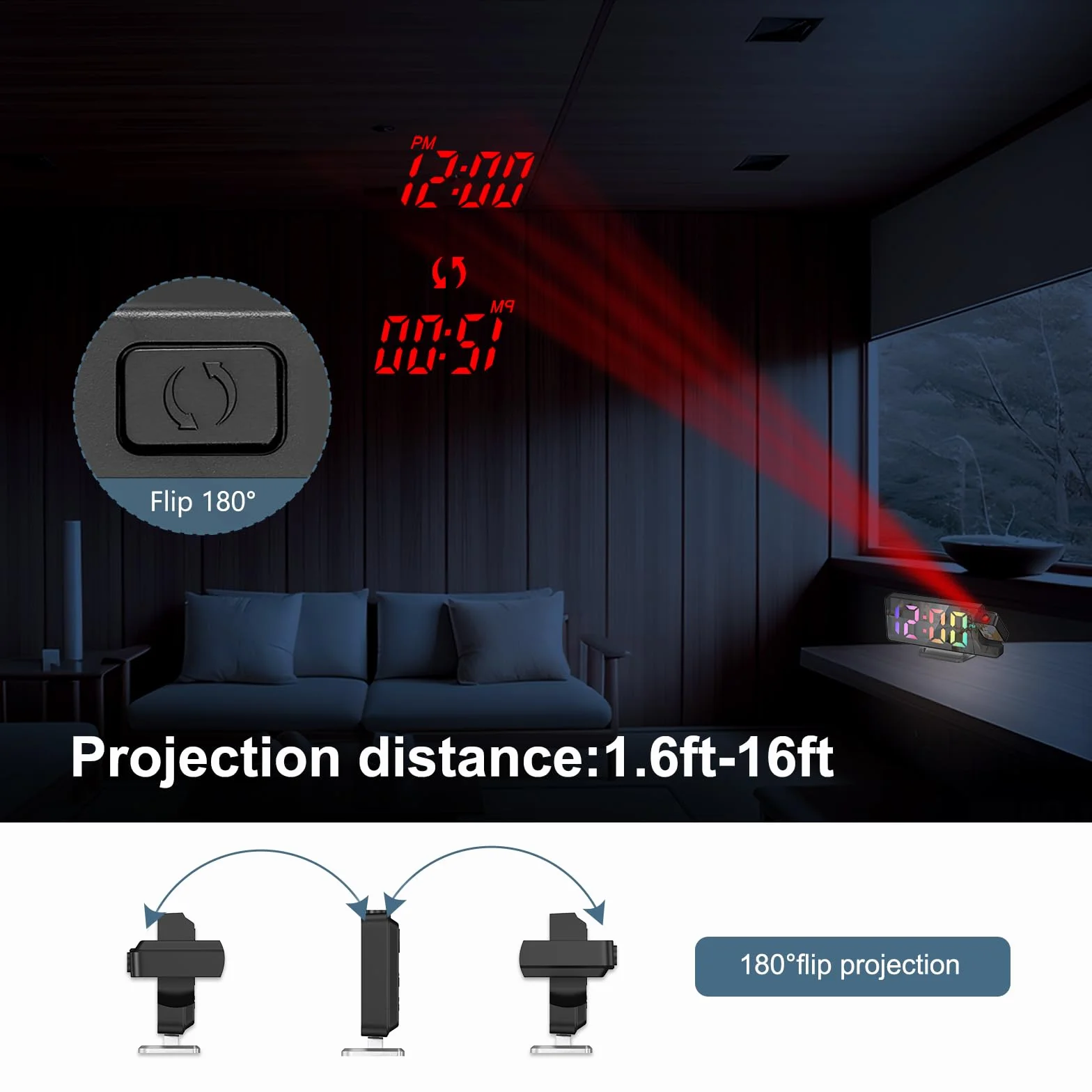 New Projection Alarm Clock, cyfrowy budzik z wyświetlaczem temperatury, 180° Flip Projection Clock, elektroniczny zegar stołowy, 3 ustawienia jasności, wyświetlacz 12/24 godzinny, kolorowy