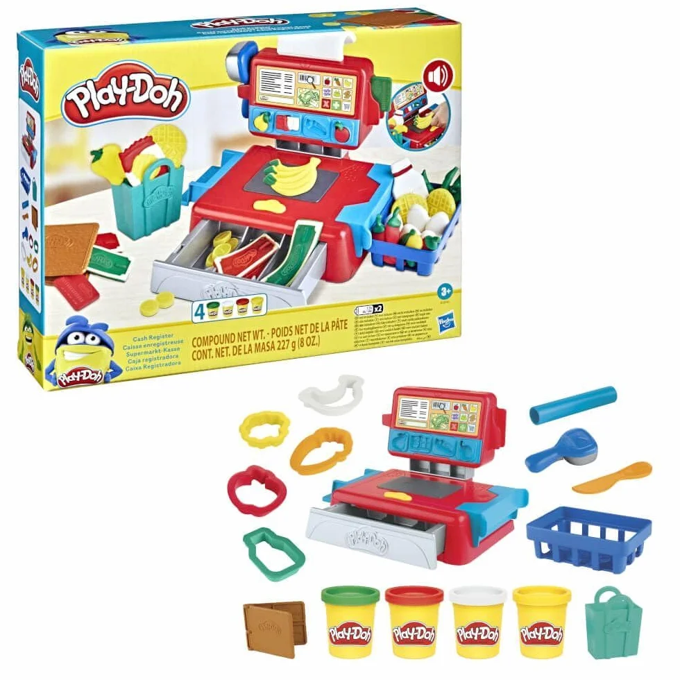 Kasa sklepowa Play-Doh, zabawka dla dzieci w wieku od 3 lat z wesołymi dźwiękami, akcesoriami do sztucznego jedzenia i nietoksyczną ciastoliną Play-Doh w 4 kolorach