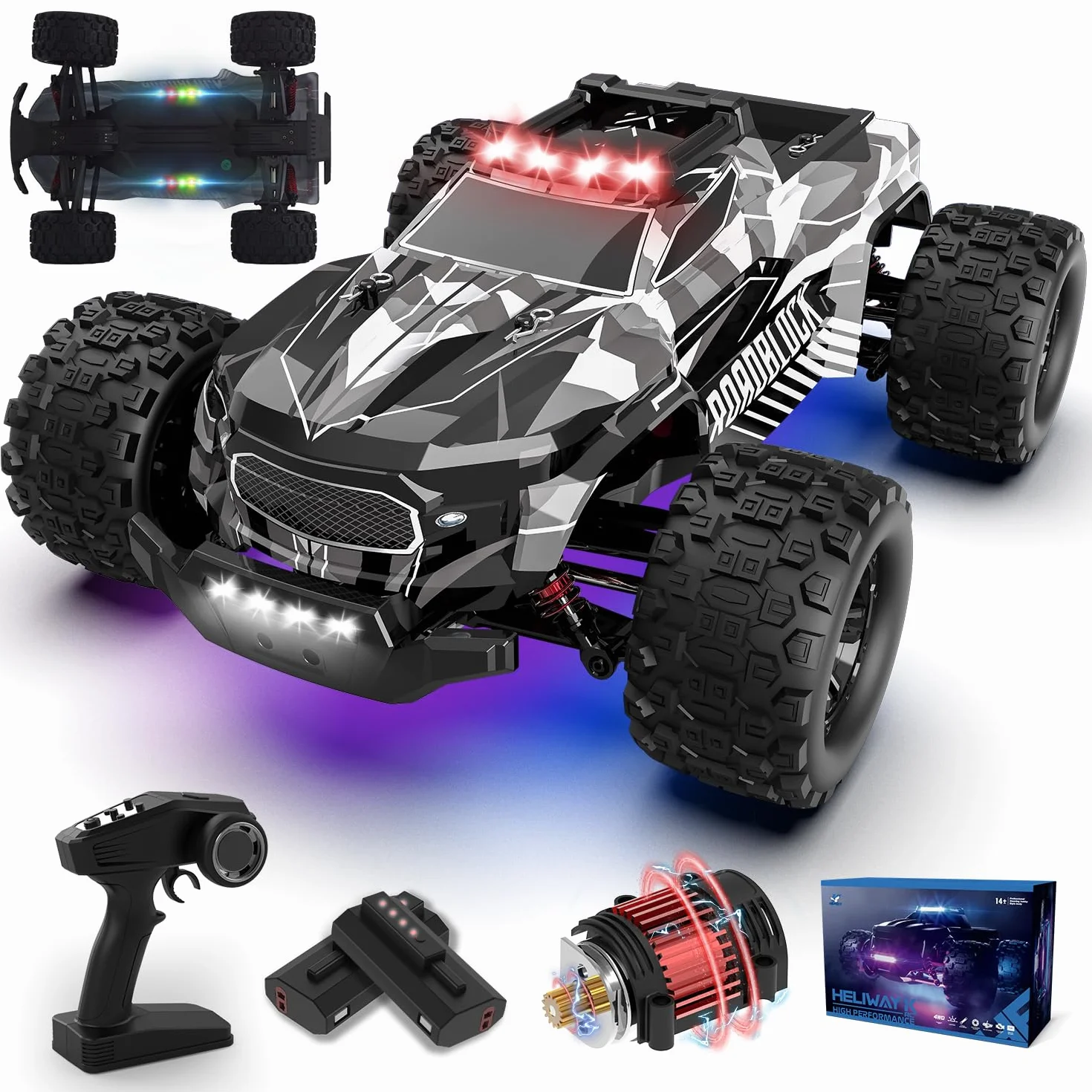 Zdalnie sterowany samochód, 1/14 RC samochód z 7 kolorami światła, 40 km/h, monstertruck Rc Truck, 2,4 GHz Rc Auto Offroad z dwoma bateriami, 4WD wodoszczelny RTR All Terrain, RC Buggy dla dzieci i